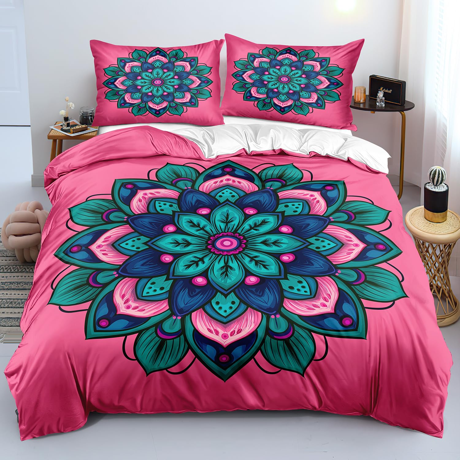 Housse de couette mandala 200x200 rose avec taies d'oreiller pour lit double bohème