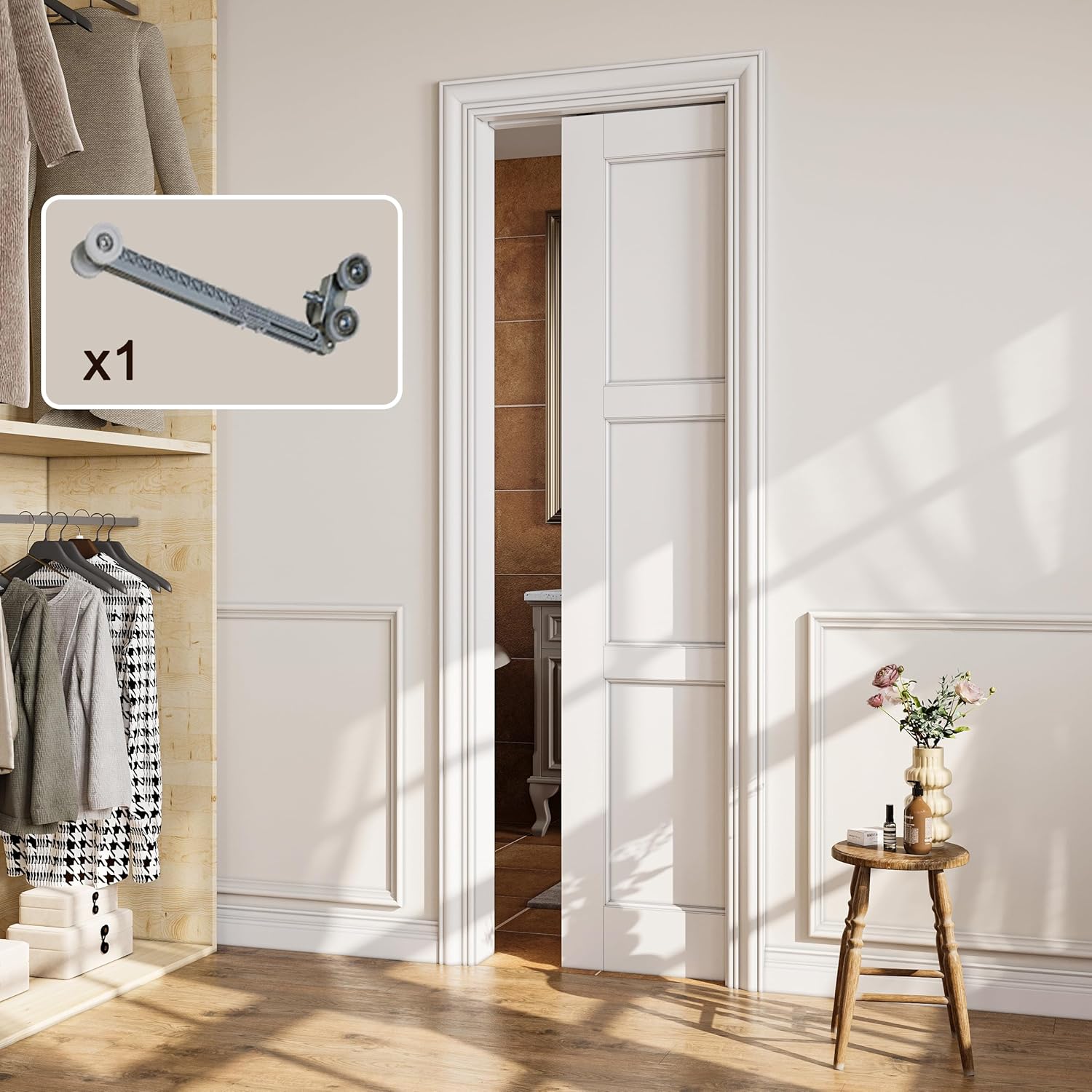 24x80 Pocket Door, Pre-Assembled Solid Door with Steel Clad Wood Frame & Soft Close, Build Quality Interior Sliding Doors, Sturdy and Easy Install, 3 Panel Solid Core Doors