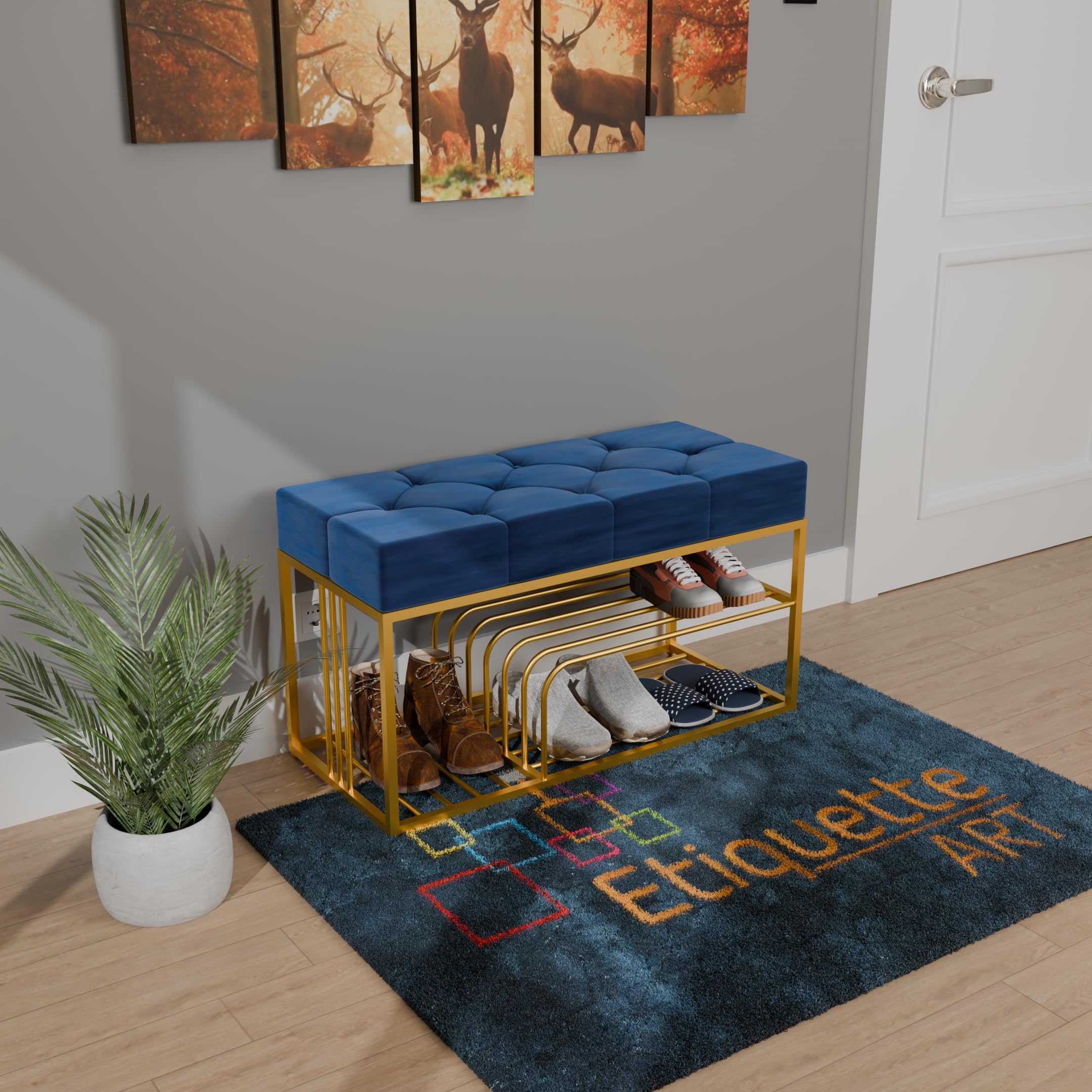 Luxurious Velvet Upholstered Shoe Bench With Golden Shelf - Modern Entryway Storage Organizer Seat (Blue-Gold)