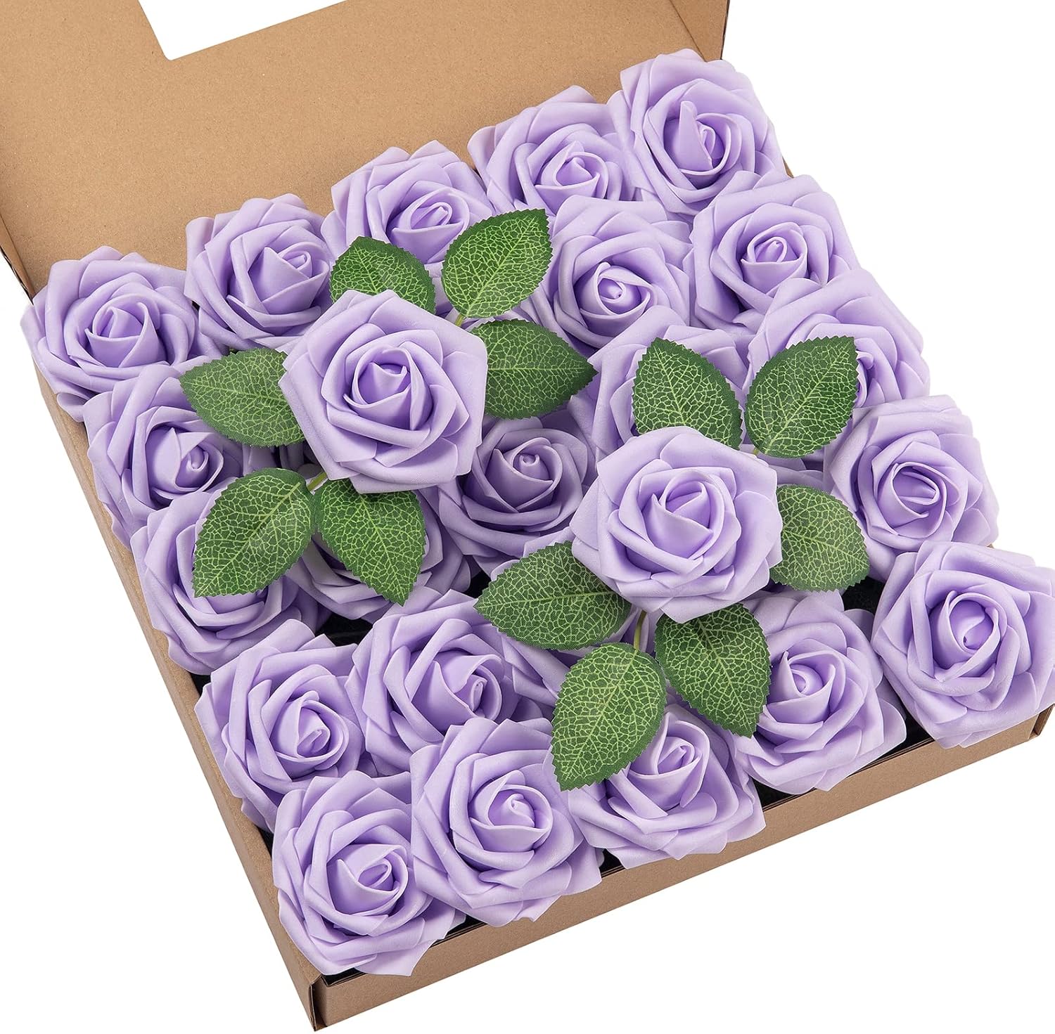 DuHouse 25Pcs Artificial Roses Flowers Fake Roses with Stems Real Touch Foam Flowers for DIY Wedding Bouquet Party Centerpiece Floral Arrangement Party Home Decor(Lilac)