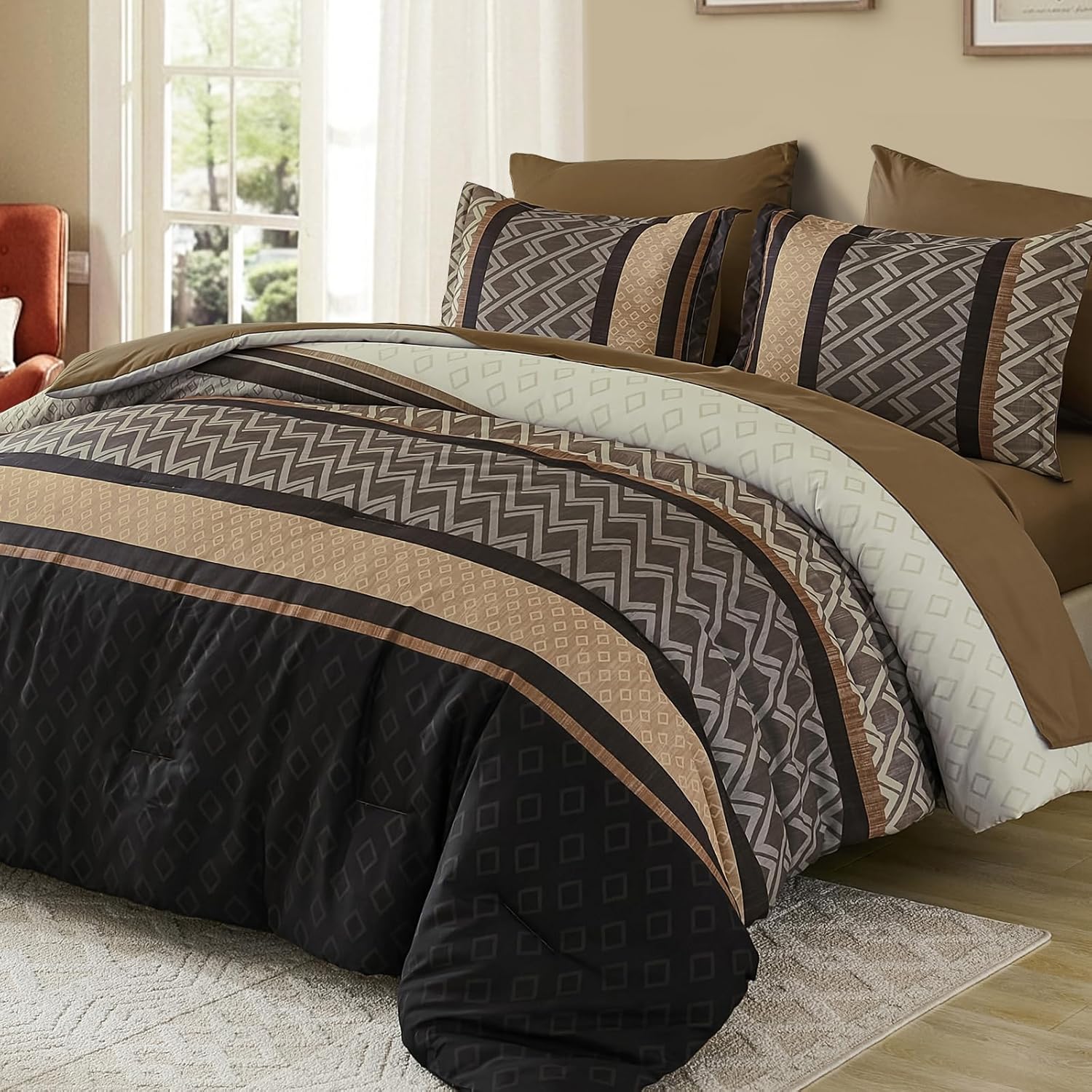 Cottolester Brown Comforter Set King Size,Boho Striped Bed in a Bag,7 Piece Plaid Comforter and Sheet Set, Soft Microfiber Complete Bedding Sets