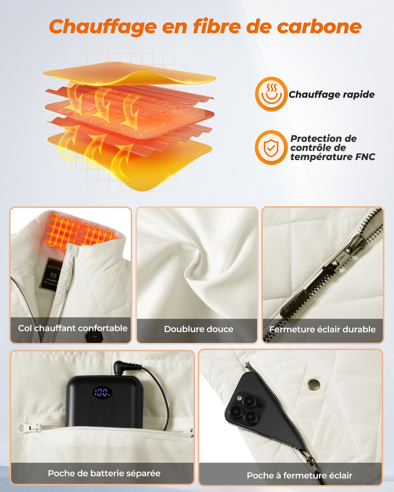 Gilet Chauffant Femme 7,4V 16000mAh 9 Zones Chauffage 3 Températures Réglables Doudoune Chauffante Plein Air Randonnée Ski