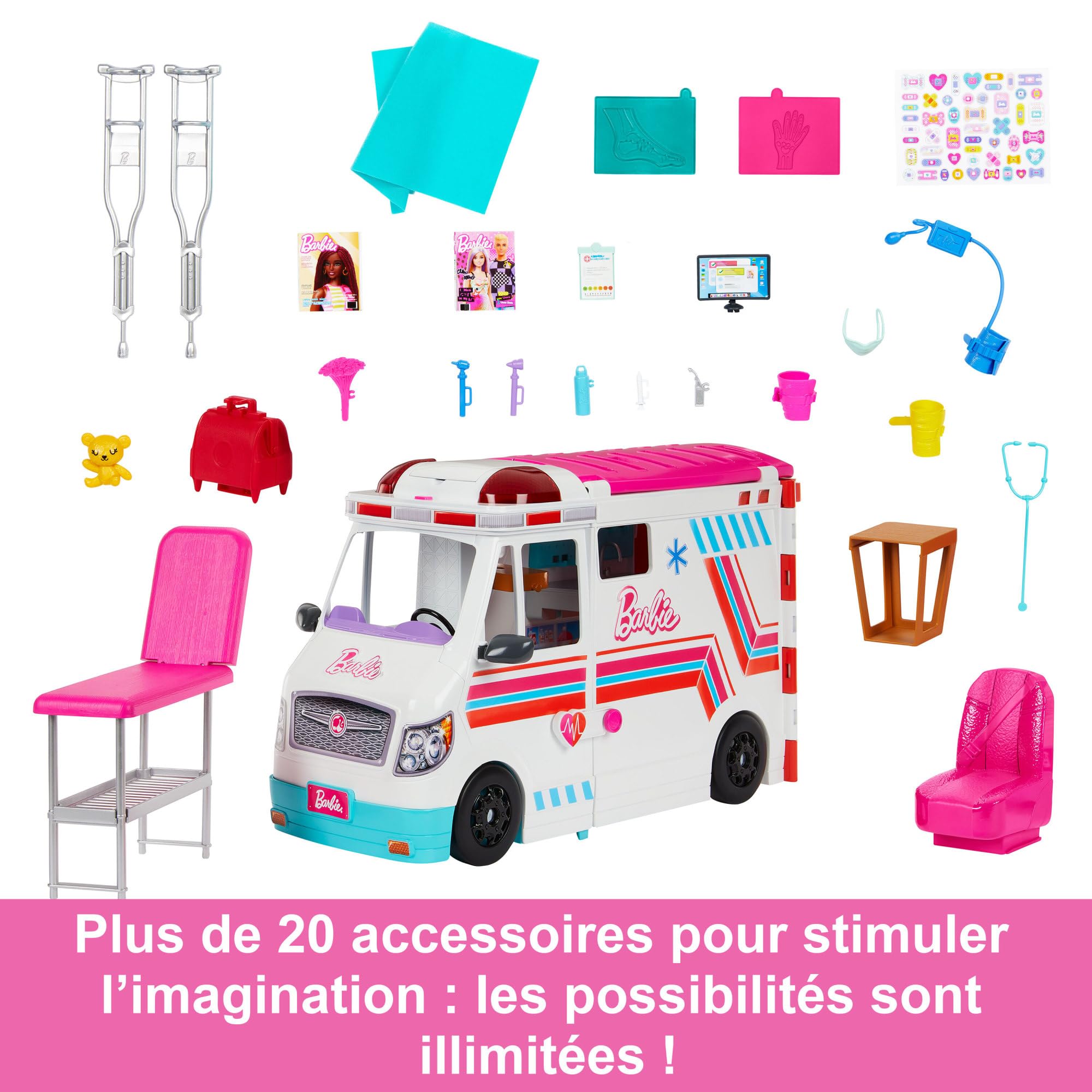 Barbie Coffret Véhicule Médical, Ambulance Transformable en Clinique, avec Lumières et Sons, Plus de 20 Accessoires Inclus, Jouet pour Enfant de 3 Ans et Plus, HKT79