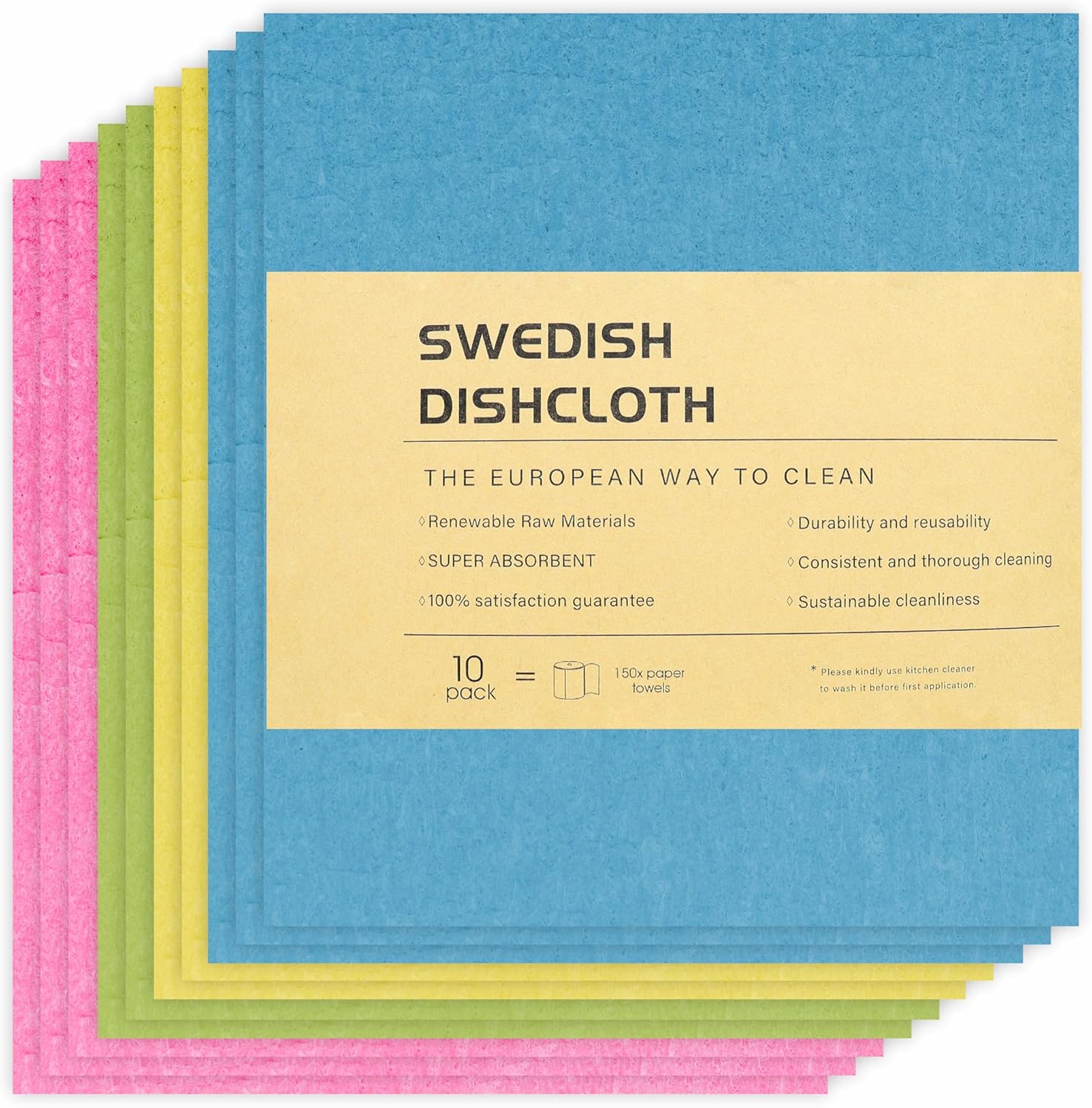 KMAKII Reusable Swedish Dishcloths – Absorbent, Long-Lasting Sponge Cloths for Kitchen and Home Cleaning (Red, Blue, Green, Yellow), Pack of 10