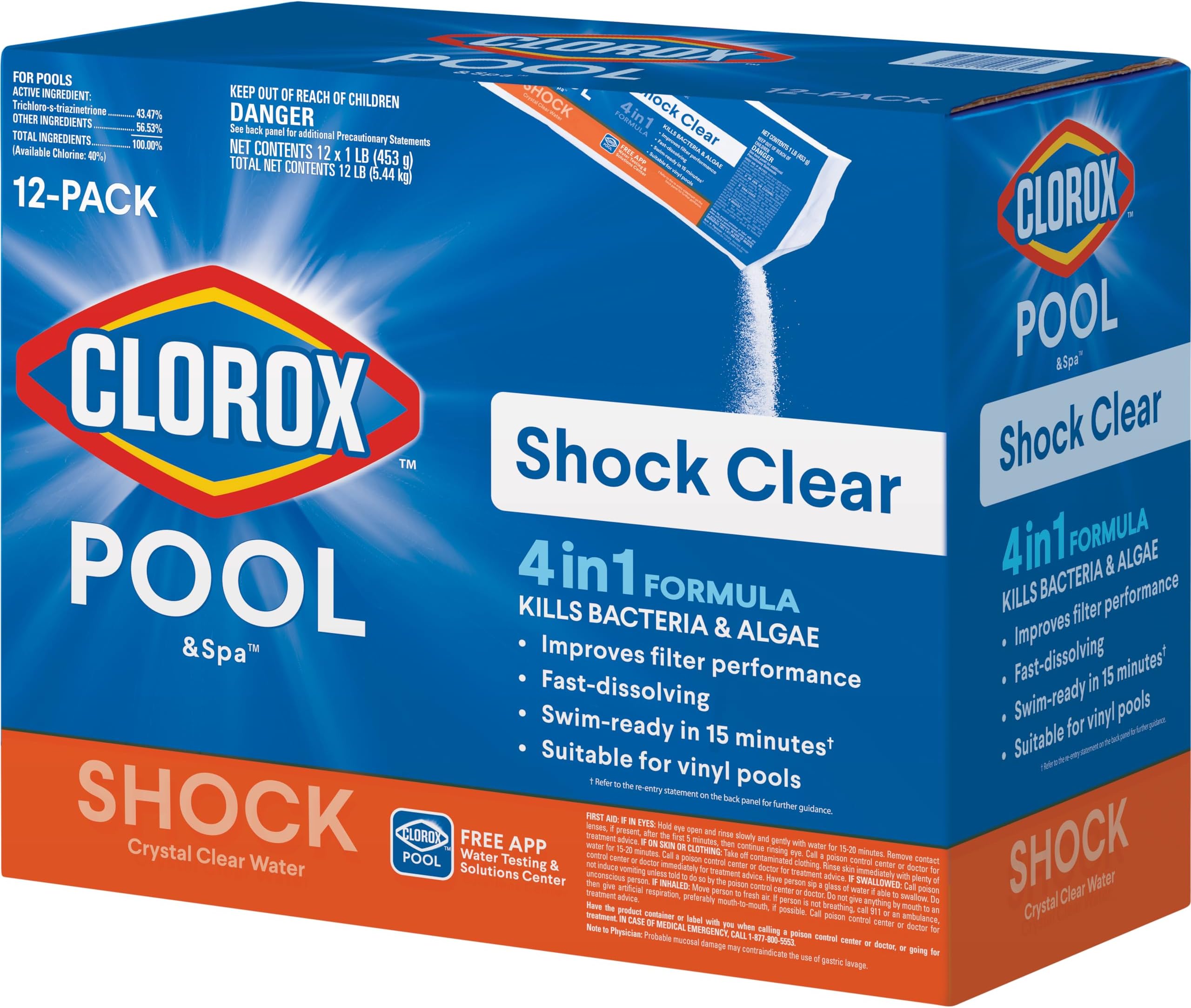 Clorox Pool & Spa Shock Clear, Swim-Ready in 15 Minutes, Fast-Dissolving for Crystal Clear Water 12-Pack