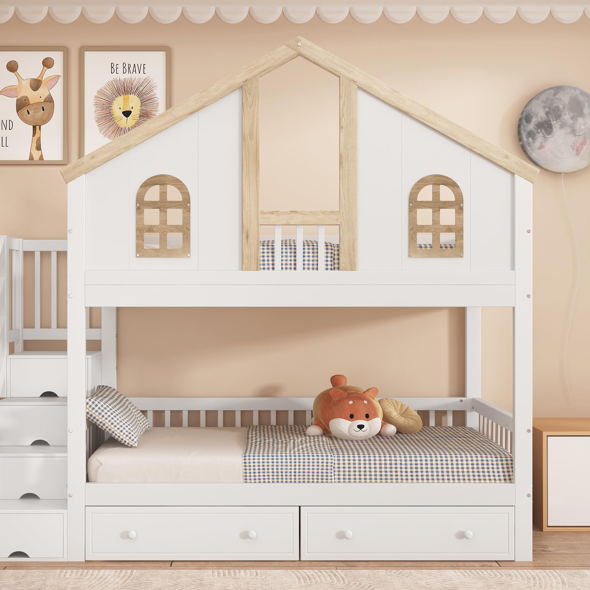 Wiuzo Lettino a castello, con rete anticaduta a contrasto con finestra, due cassetti con ruote, con scala inclinata a quattro livelli e cassetti, in pino+MDF, bianco e naturale, 90 x 200 cm