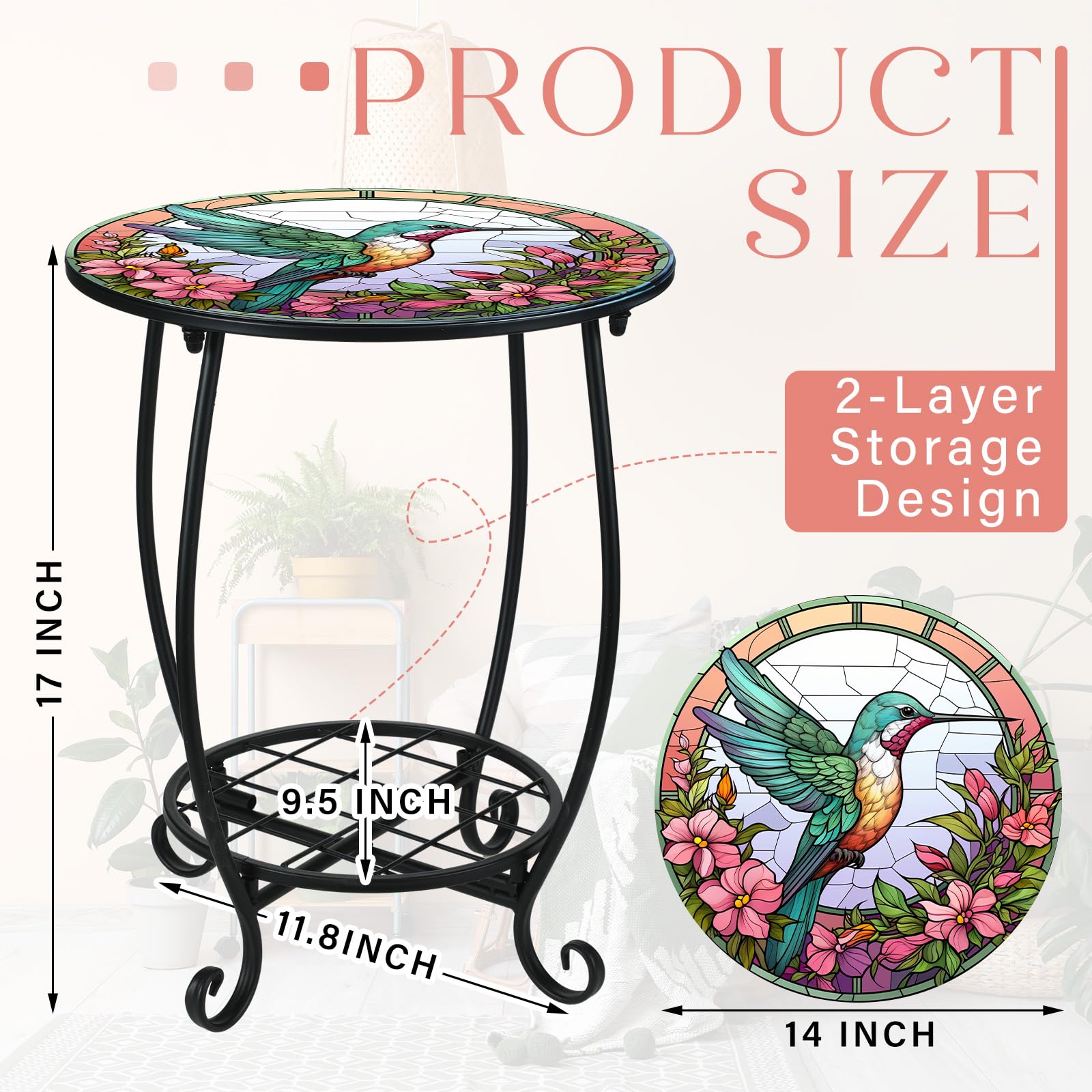 Mesa auxiliar redonda para exteriores, mosaico pequeño, decoración de patio, planta interior, mesa de té de metal para patio, porche, jardín, patio, sala de estar, dormitorio (estilo colibrí 2