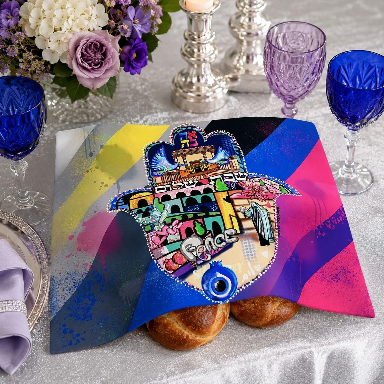 Custom Pop Challah Cover Shabbat - Satin Silk Bread Cover Judaica Yom Tov