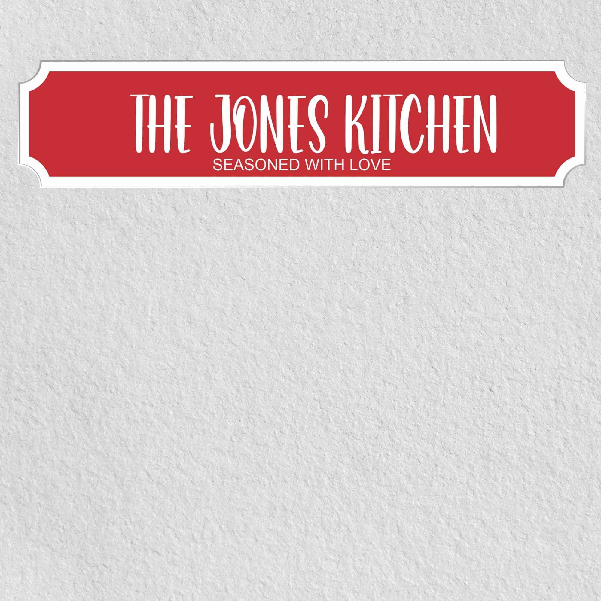 Personalised Street Sign Plaque – Custom Family Surname Kitchen | Seasoned With Love | Home Décor Gift Customised Family Kitchen Street Sign (Red, Acrylic Medium: 39cm x 8.5cm)