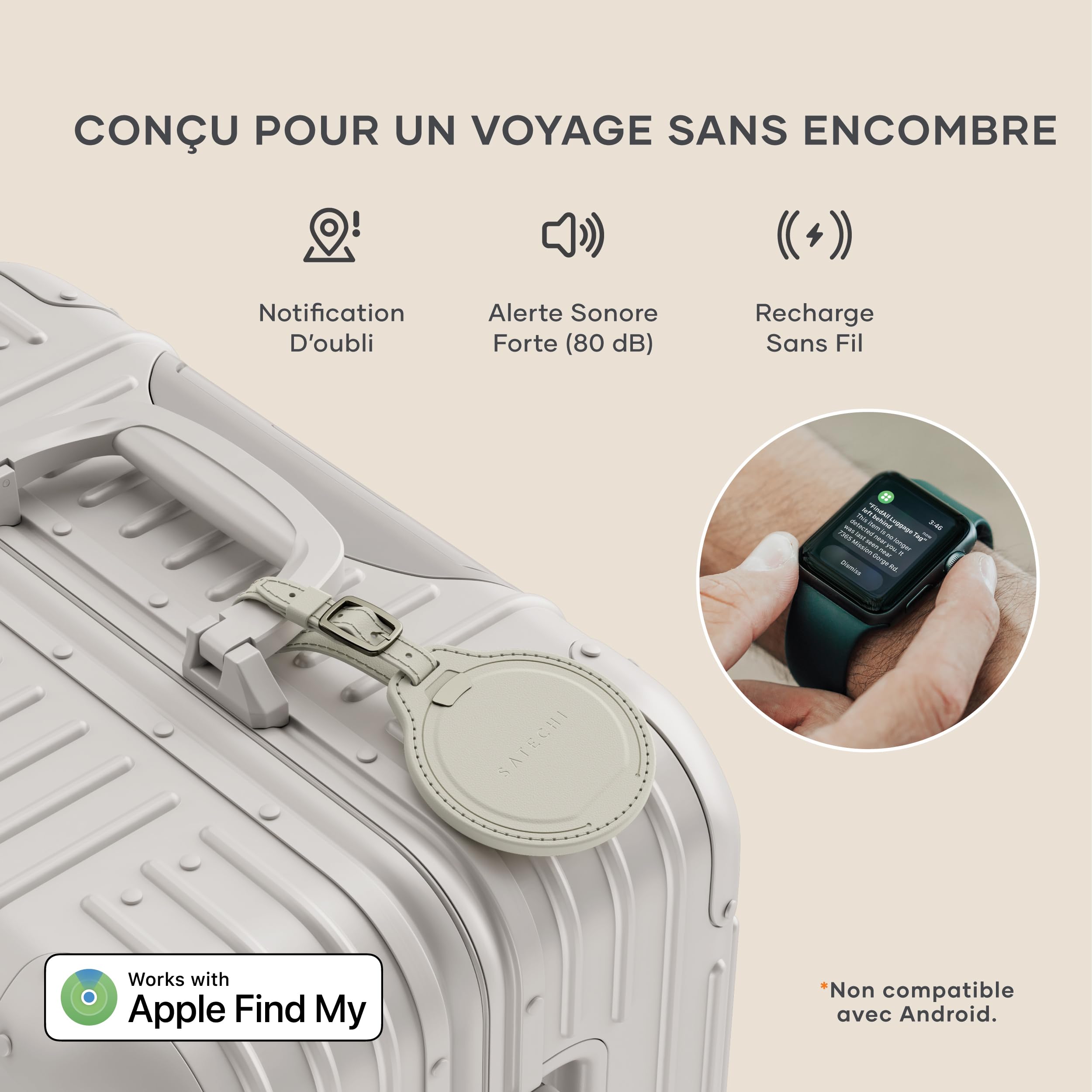 SATECHI FindAll Traceur GPS pour Bagage, Apple Find My, Beige | Localisateur Bluetooth, recharge sans fil, compatible TSA, alertes d'oubli puissantes, pour iPhone, iPad, Mac