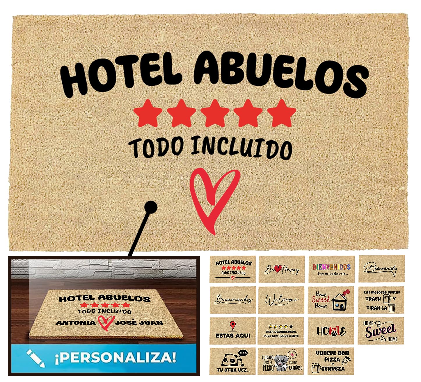 LucaHome - Felpudo Entrada casa Original y Divertido de Coco Natural - Felpudo Hotel Abuelos Personalizado 33x60 - Ideal para Puertas de Exteriores Cubiertas, pasillos y entradas de hogares
