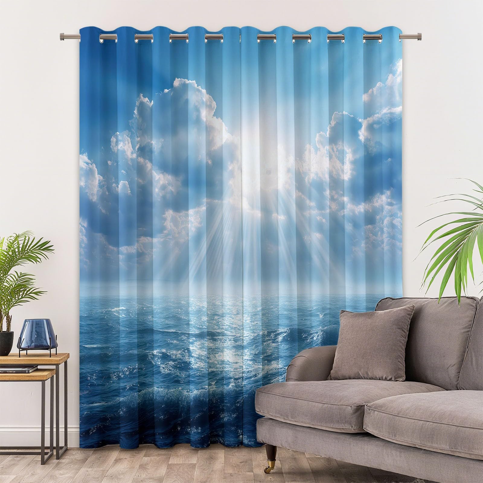 Rideaux Occultants Bleu Lot de 2 117L x 229H cm Rideaux Occultants Ciel Bleu Nuages Blancs Mer Vagues avec Isolation Thermique, Rideau en Polyester Insonorisant pour Décoration Salon Chambre