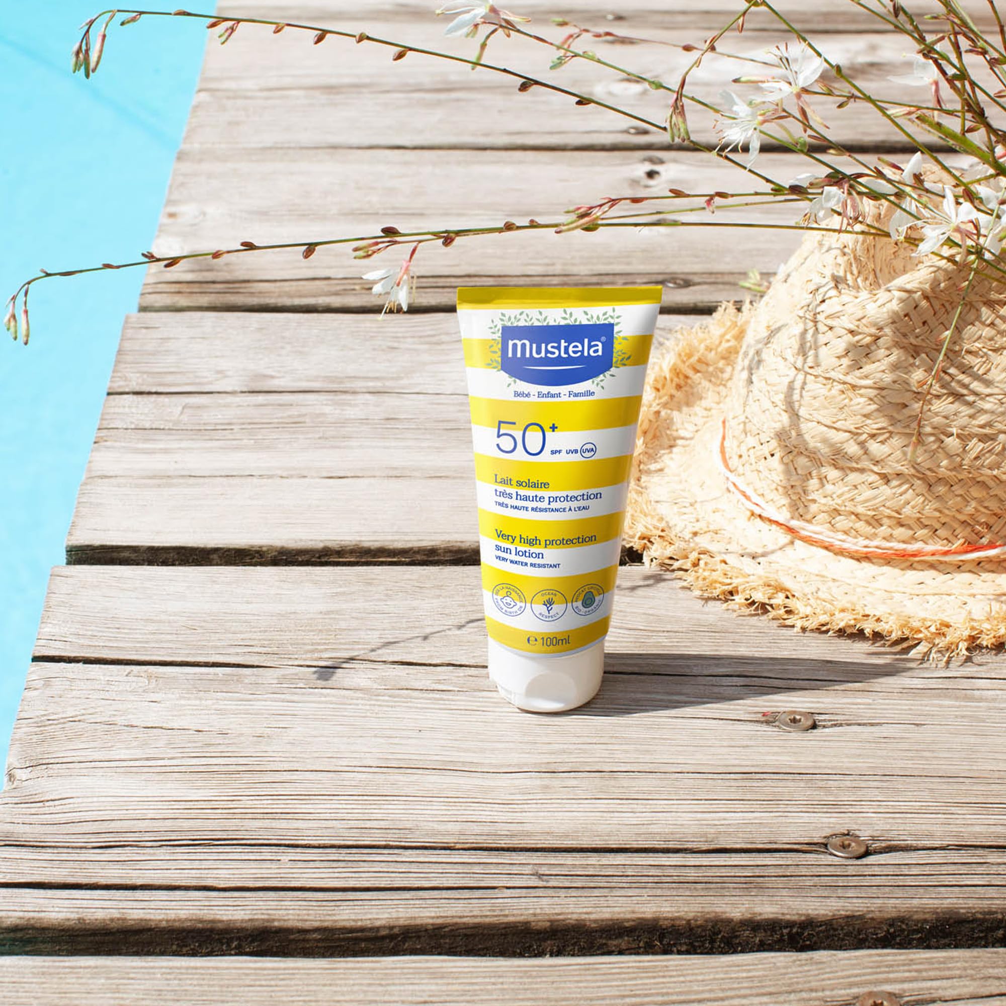 Mustela Latte Solare Spf 50, Viso, Corpo, Con Perseose di Avocado, Neonati, Bambini, Tutta la Famiglia, Adatto in Gravidanza - Protezione Molto Alta dai Raggi UVB e UVA (100ml)