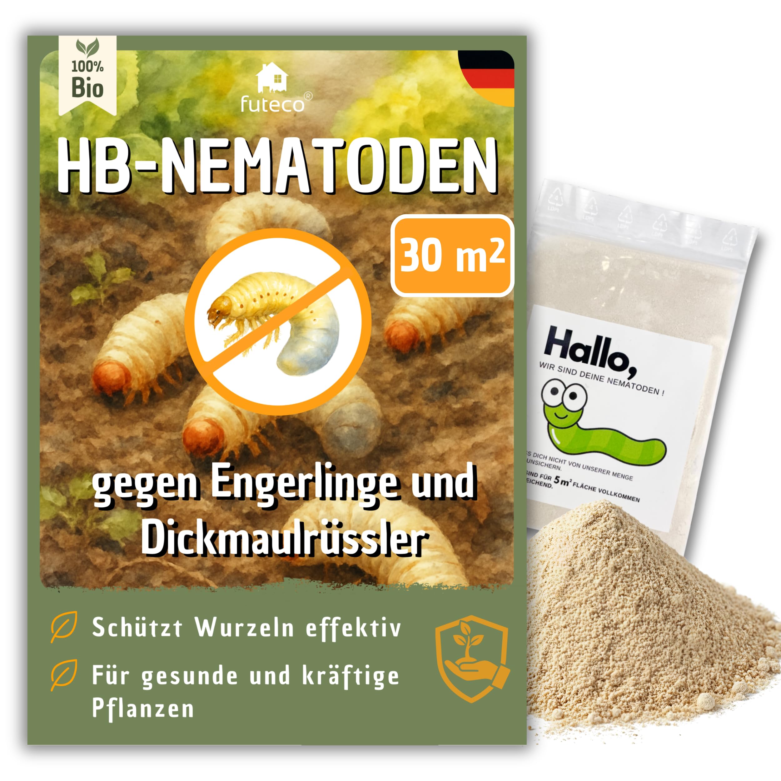 Futeco® – HB-Nematoden gegen Dickmaulrüssler & Engerlinge – für 30m² Fläche – zum einfachen gießen – 100% Biologisch, Chemiefrei & Natürlich – Made in Germany