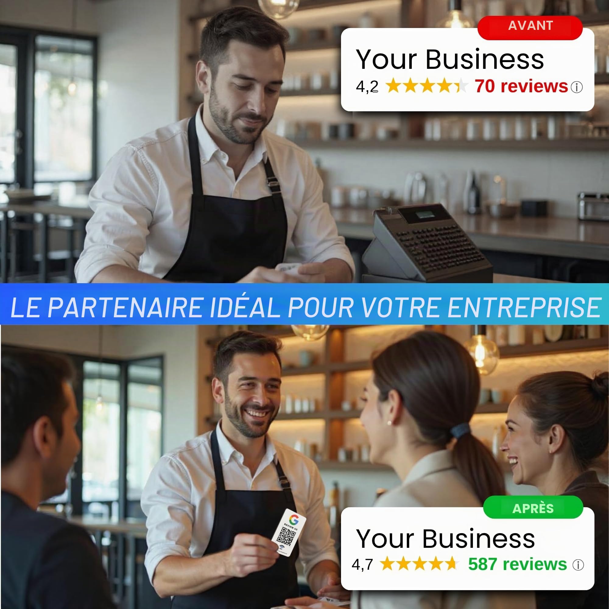 MESSAGENES Lot de 5 cartes PVC NFC et QR pour avis Google 8,6 x 5,5 cm
