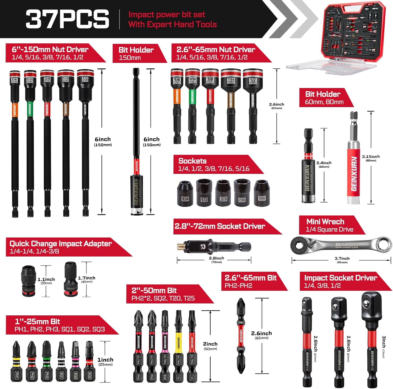 37Pcs Tools Set Packaged with Plastic Toolbox Storage Case, Include Screwdriver Bits, Nut Driver, Mini Wrech,Socket Driver, Quick change adapter, Socket Driver and Bit Holder for Diy