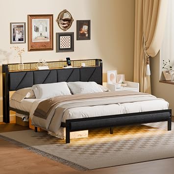 Furnulem King Bed Frame with Headboard and LED Light, Upholstered Platform with Power Outlet and USB Port, King Size Bed with Metal Support and Footboard,No Box Spring Needed