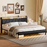 King Bed Frame with Headboard and LED Light, Upholstered Platform with Power Outlet and USB Port, King Size Bed with Metal Support and Footboard,No Box Spring Needed