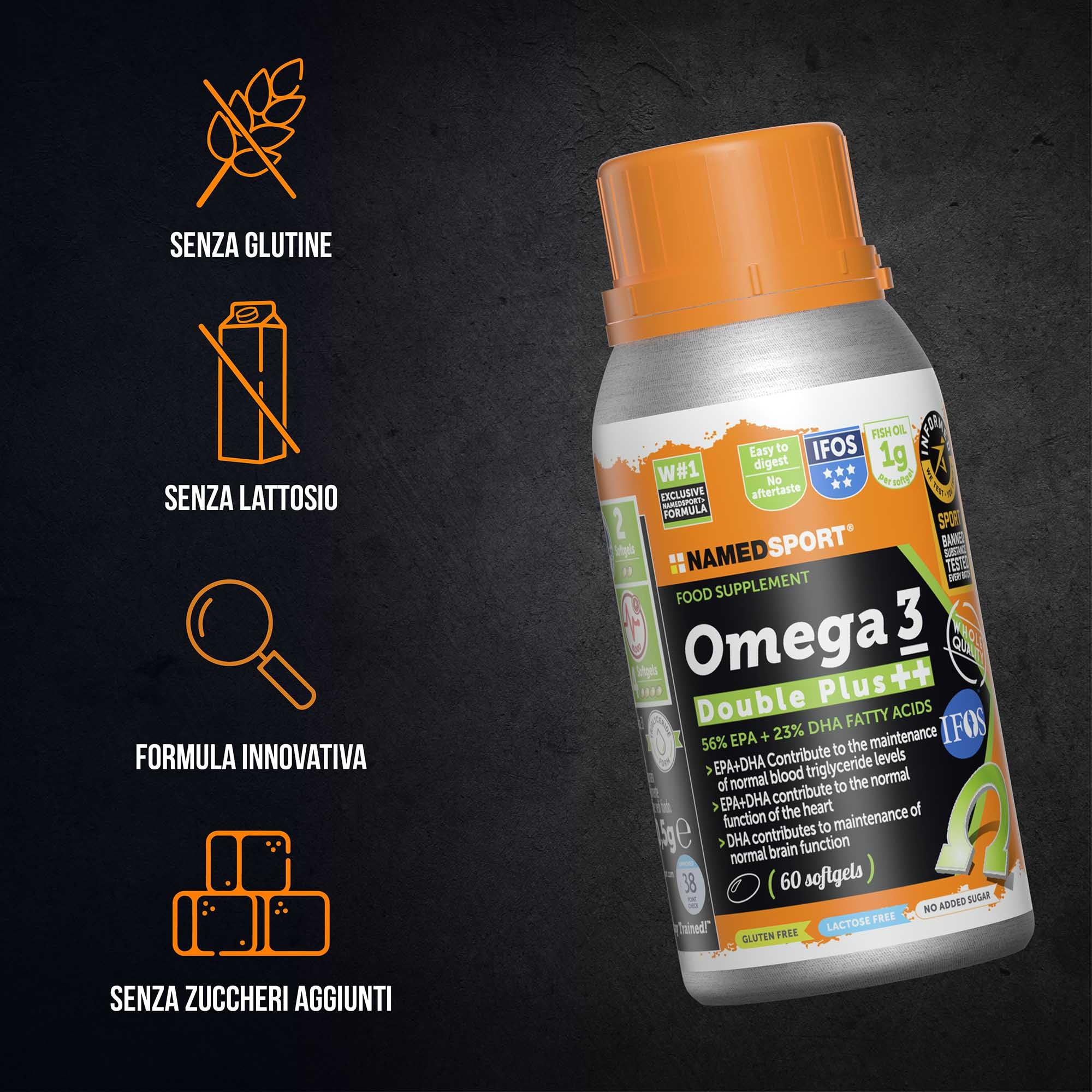 NAMEDSPORT Omega 3 Double Plus | Integratori Omega 3 Alta Concentrazione EPA + DHA da Olio di Pesce Purificato | Certificato | Supporto per Cuore, Cervello, Vista | 90 Softgel 2 Confezioni (30+60)