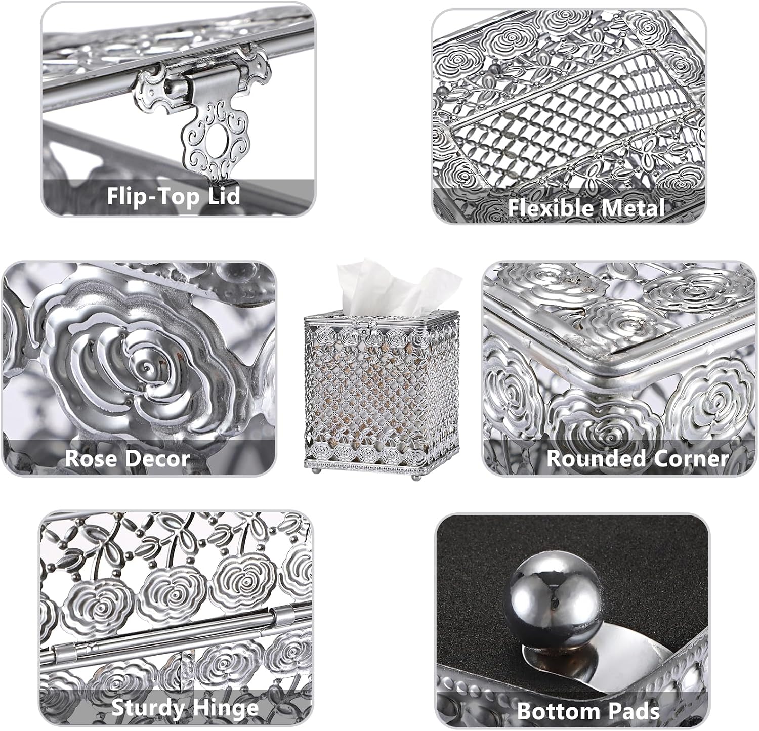 Sumnacon Tissue Box Cover Square, Metal Tissue Holder with Lid, Stylish Cube Tissue Covers, Decorative Rose Tissue Box Organizer for Bathroom Kitchen Table Desk Toilet Home Office, Silver