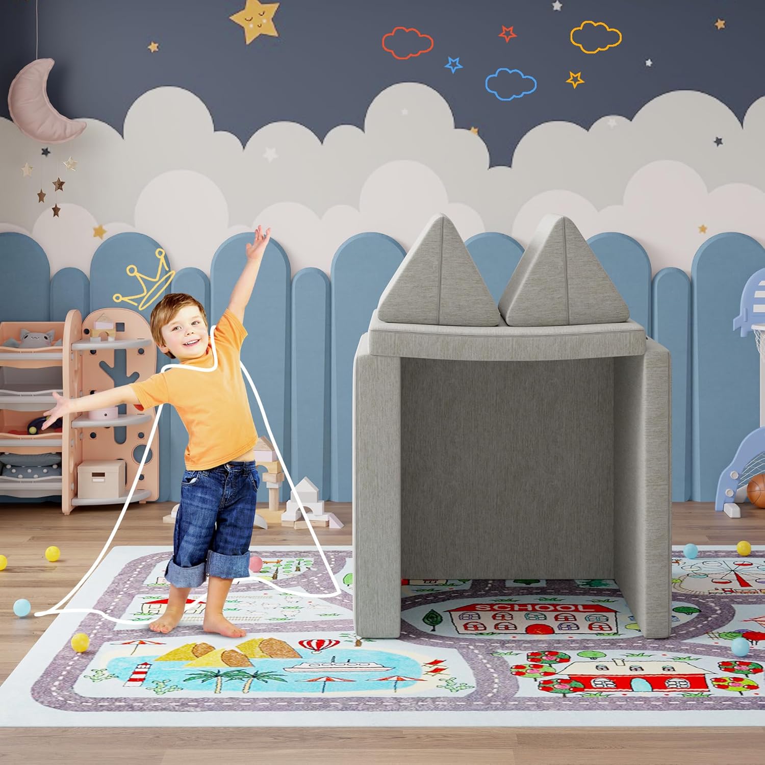 Modular Kids Play Couch, Convertible Folding Sofa with Removable Cover, Convertible Foam Couch Kids, Light Gray