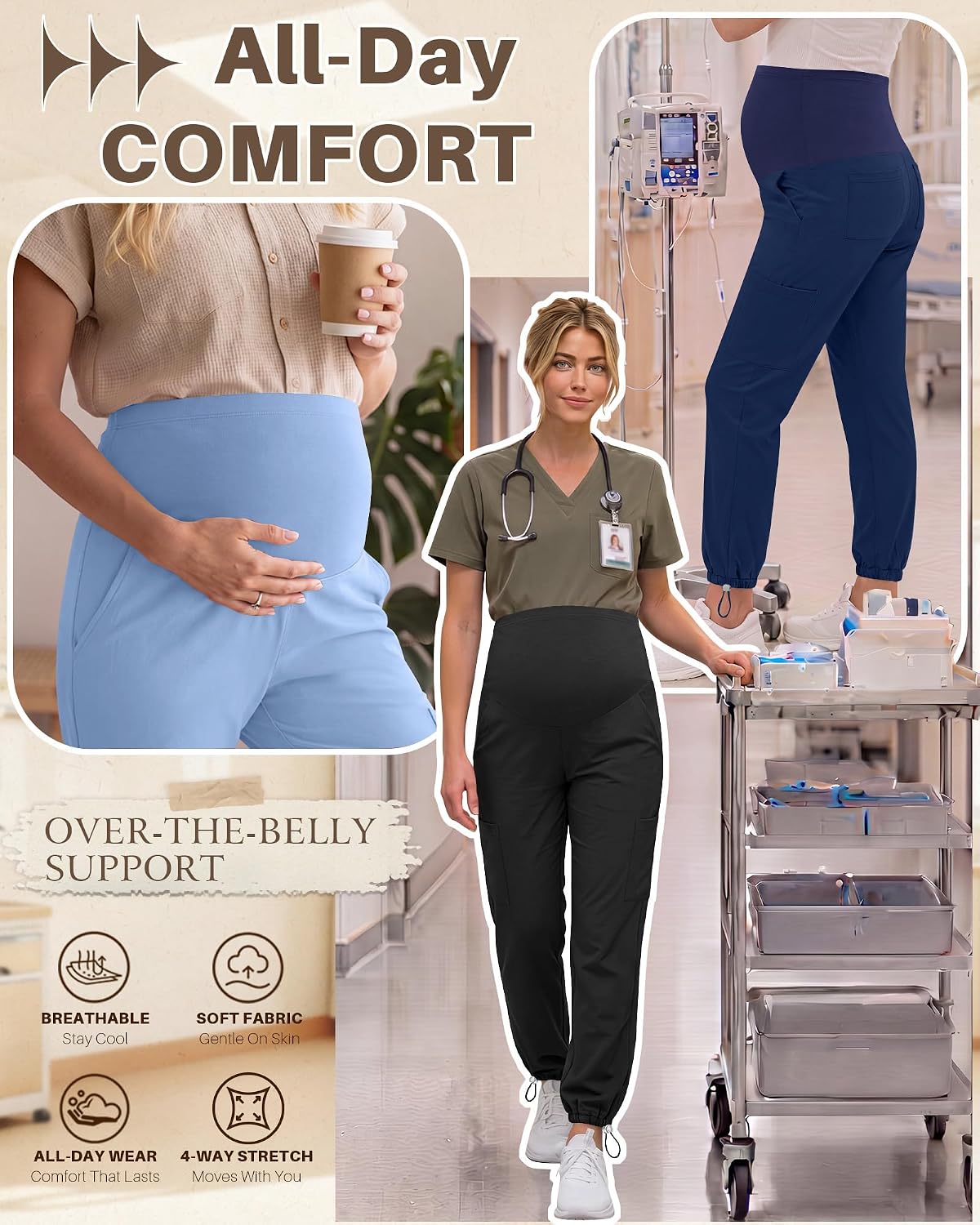 Locoowai 3 Pack Maternity Scrub Pants for Women Workwear Pregnancy Over The Belly Yoga Joggers with Drawstring 6 Pockets