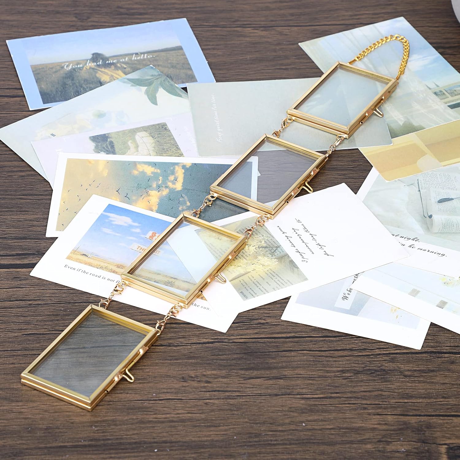 JUXYES Set of 4 Mini Wall Hanging Brass Frames for Pressed Flowers, Double Glass Hanging Picture Artwork Display Frame, Vertical Gold Floating Style Gallery Wall Frame for Photo Picture Poster etc, 3x2 Inches