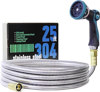25FT Garden Hose, 304 Stainless Steel Water Hose, Flexible with a 10-Mode Nozzle Sprayer, No Kink, Lightweight, Puncture Proof, Ideal for Indoor & Outdoor Light Use, 5/8'' Outside Diameter