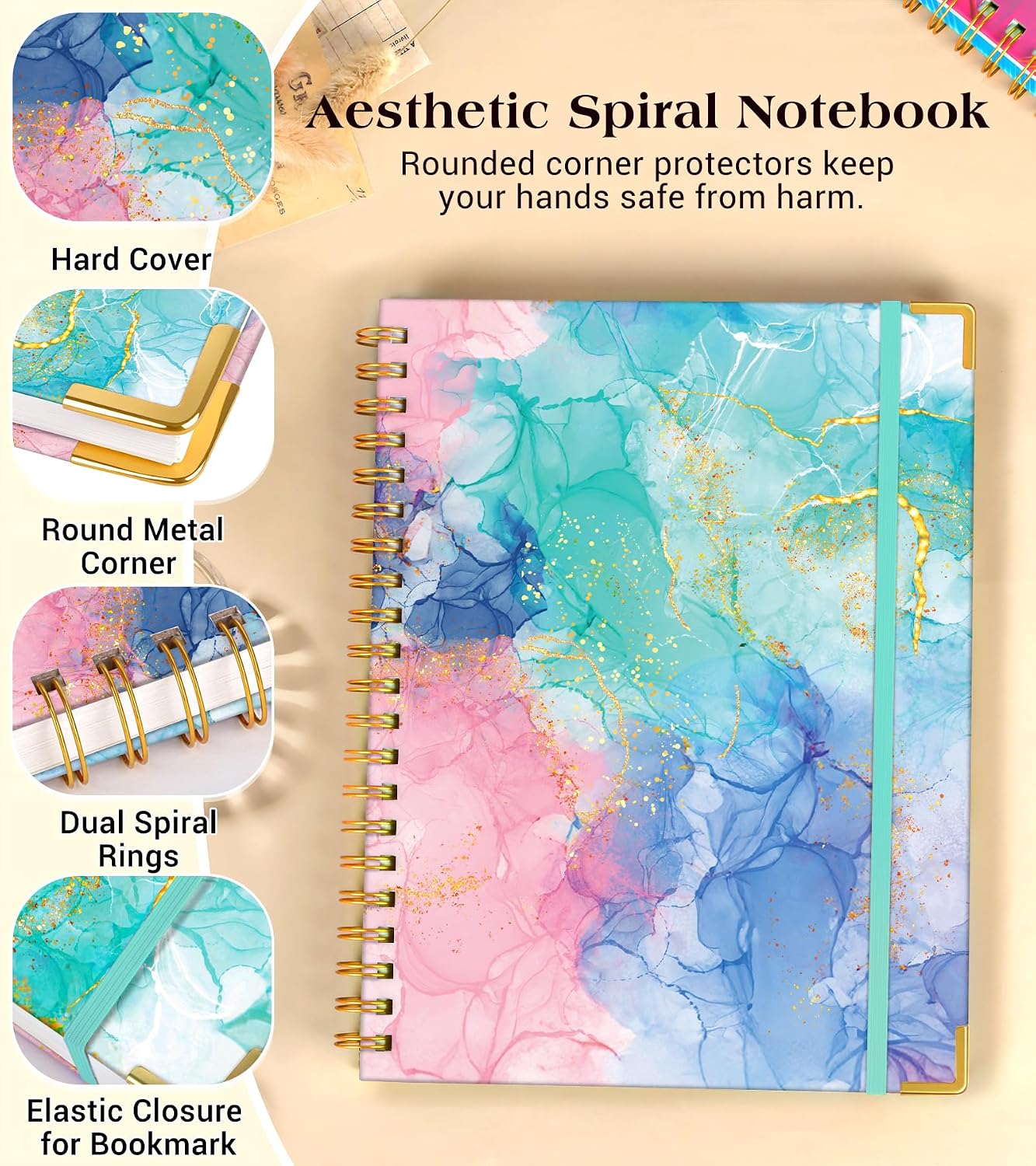 Lined Spiral Notebook Journal for Women, 200 Pages Cute Notebooks 8.5” x 11”, A4 Large Hardcover Spiral Journals with 100 GSM Thick Paper, College Ruled Notebook for Writing Work School, Pink Blue Marble image 2