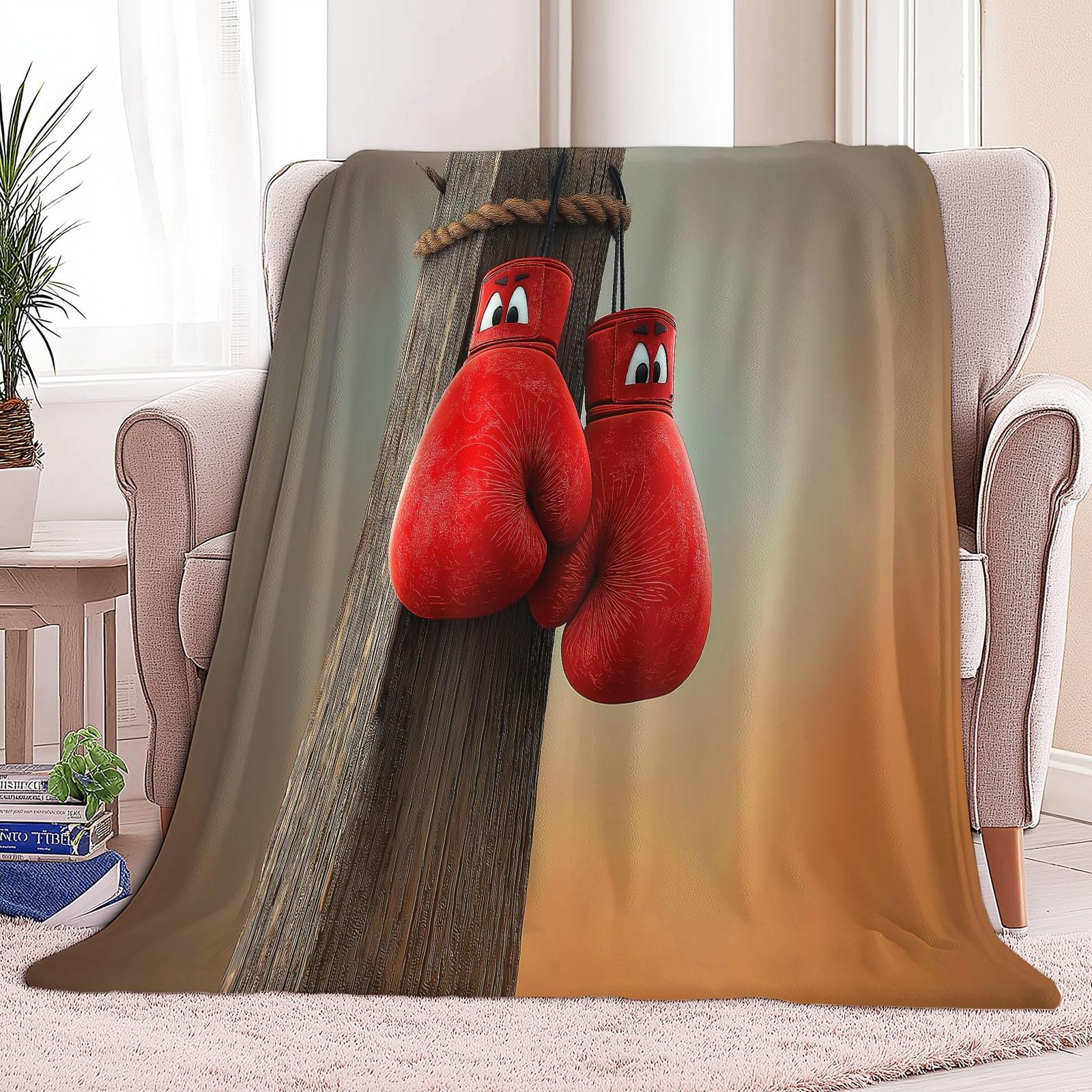 Podwójny koc polarowy 180 x 200 cm Czerwone rękawice bokserskie z kreskówek w kratę na sofę i łóżko, ciepły i miękki koc z polaru flanelowego, beżowy - do łóżek i mebli