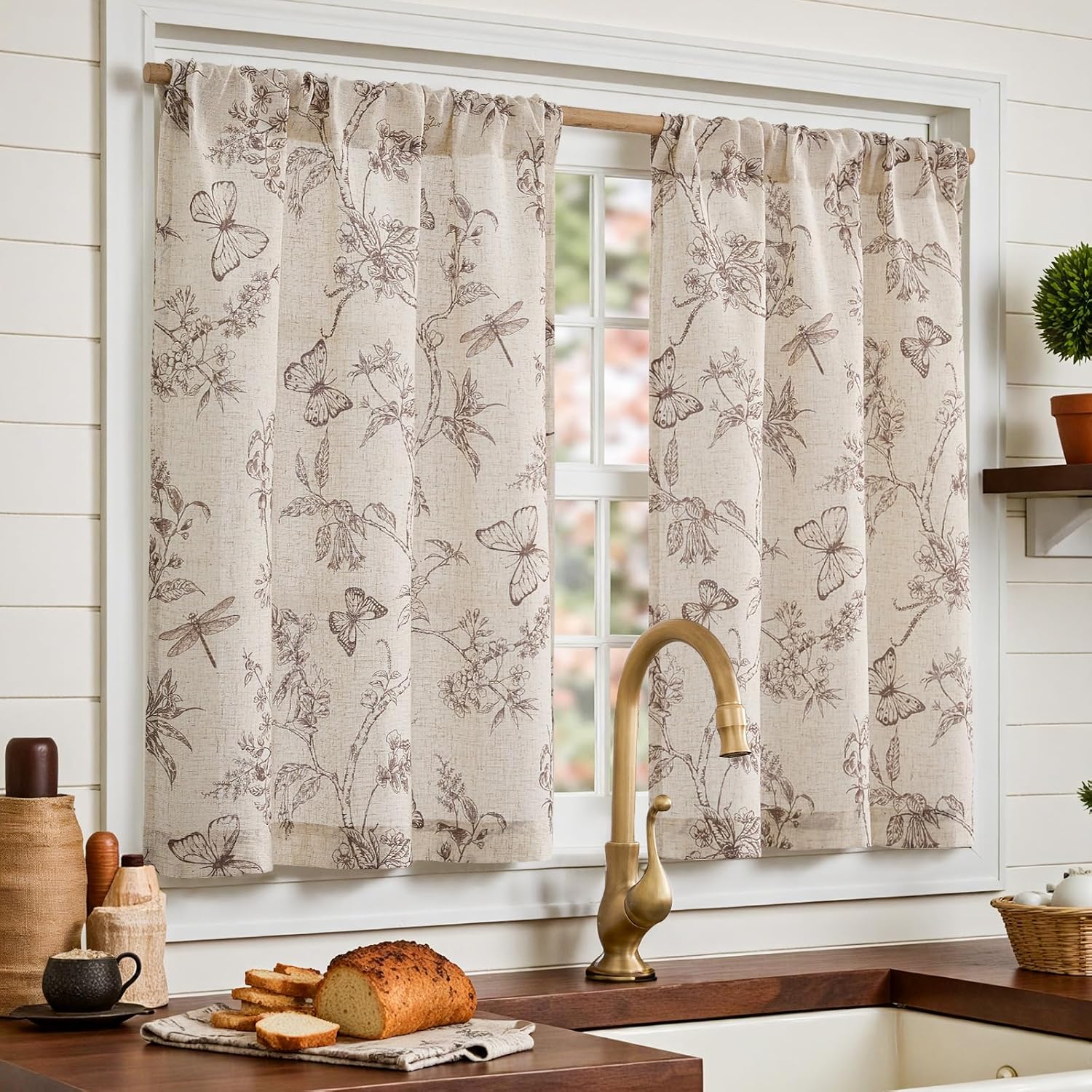 jinchan Floral Kitchen Curtains for Windows 36 Inch Farmhouse Country Linen Tier Curtains Botanic Small Window Drapes for Living Room Bathroom Laundry RV Rod Pocket Rustic 2 Panels Tan on Beige