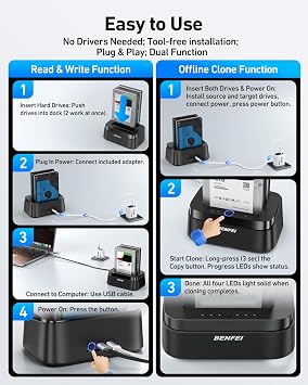 BENFEI Hard Drive Docking Station with UASP Offline Clone Function, USB C Dual Bay Dock for 2.5/3.5 HDD SSD, Up to 5Gbps | Tool Free Installation