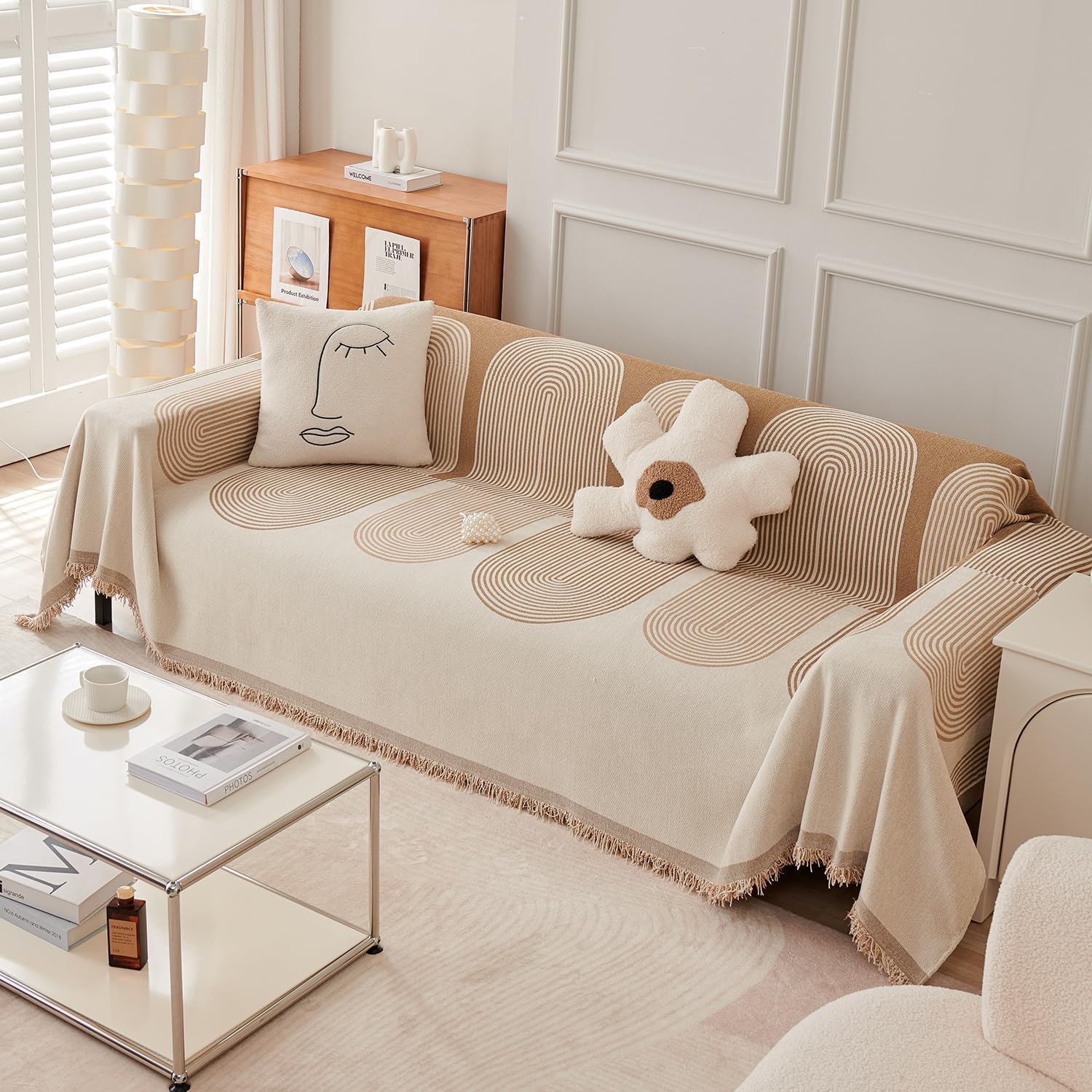 HOKIPO All Season Printed Chenille Sofa Cover Throw Blanket for 3 Seater Sofa, Size 180x310 cm, Sand Brown (NEW-5216-SBRN)