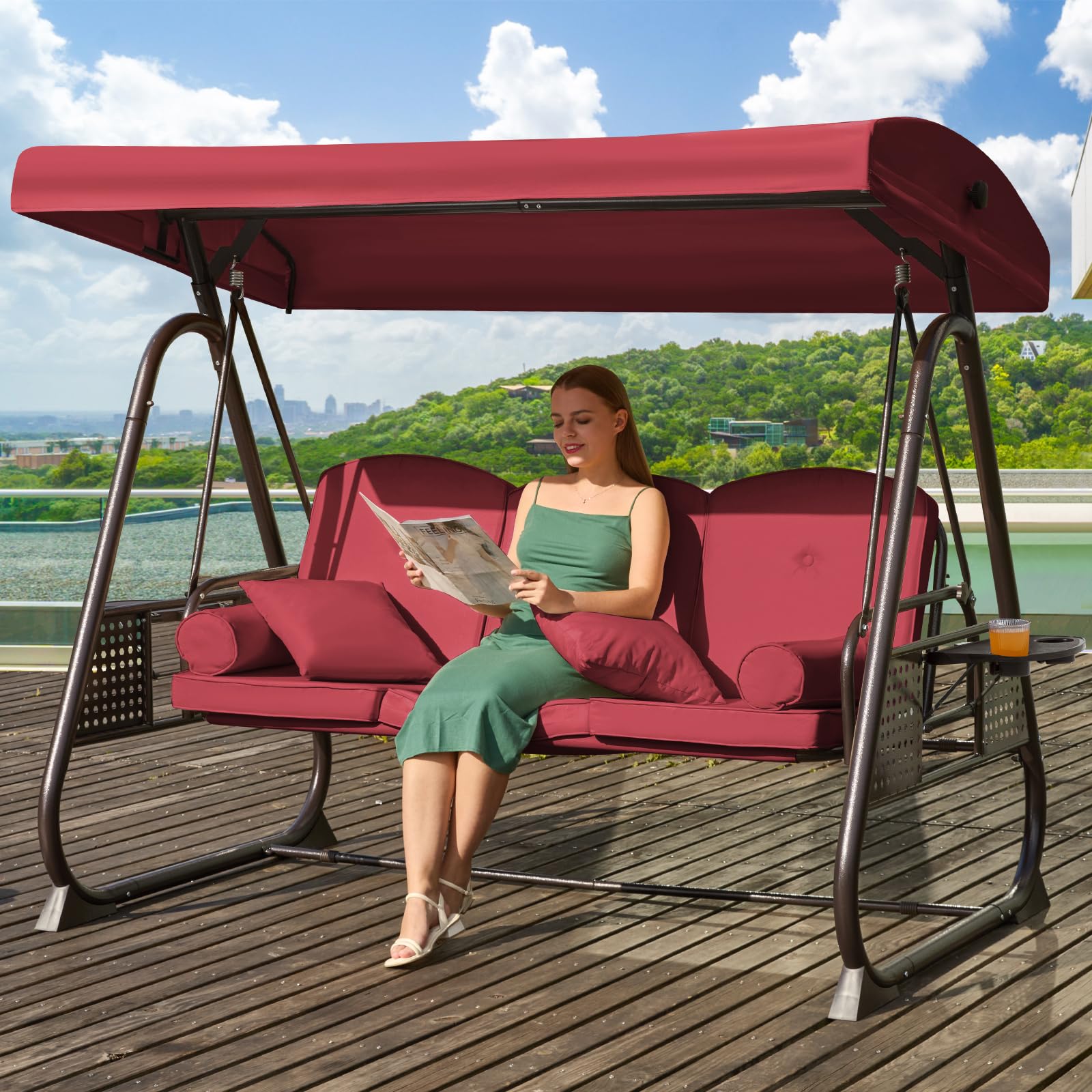 3 in 1 Outdoor Porch Swing with Adjustable Canopy, 3 Seat Outdoor Swing for Adults, Patio Swing Chair with Thickened Cushions,Pillows &amp; Cup Holders for Backyard, Porch, Garden (Wine Red)