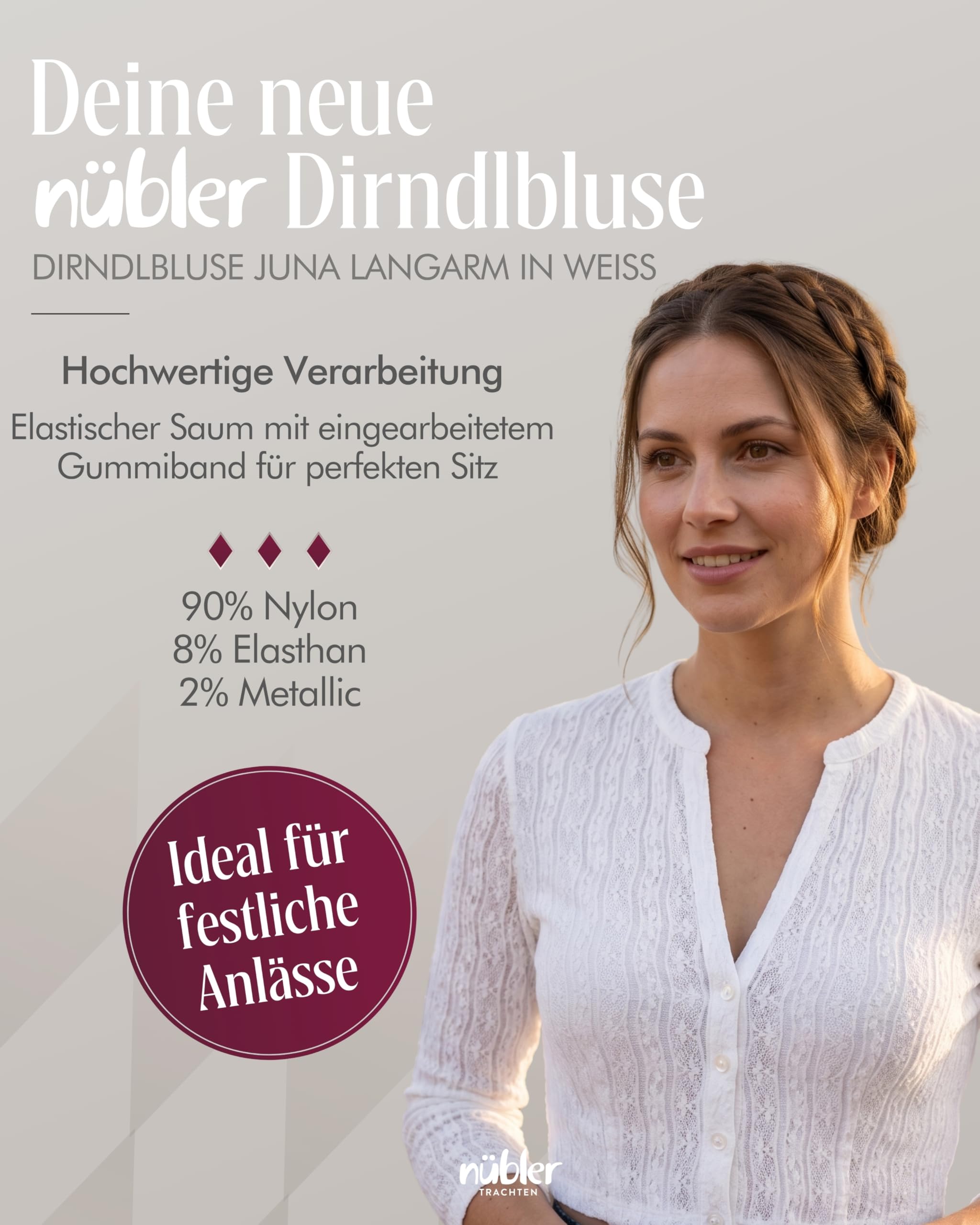 Nübler Damen Dirndlbluse Juna I Größen 30-50 I Spitzenbluse mit V-Ausschnitt & Langarm I Transparente Trachtenbluse mit floralem Muster & Knopfleiste I Ideal für Dirndl & Festliche Anlässe