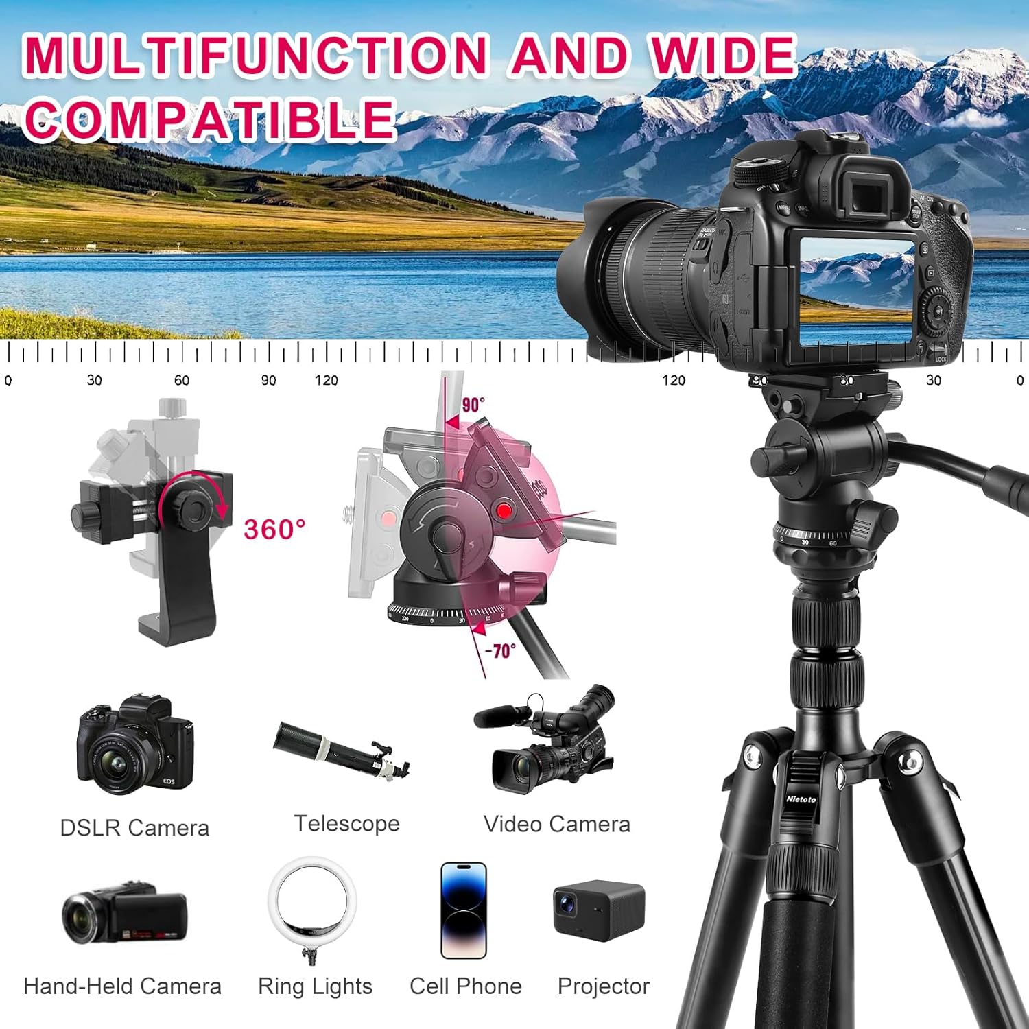 68" Fluid-Head-Camera-Tripod, Professional Travel Video Tripod for Camera DSLR, Camcorders, Binoculars, Spotting Scope, Telescope, Extra QR Plate and Cellphone Holder, Max Load 8.8lbs,Black
