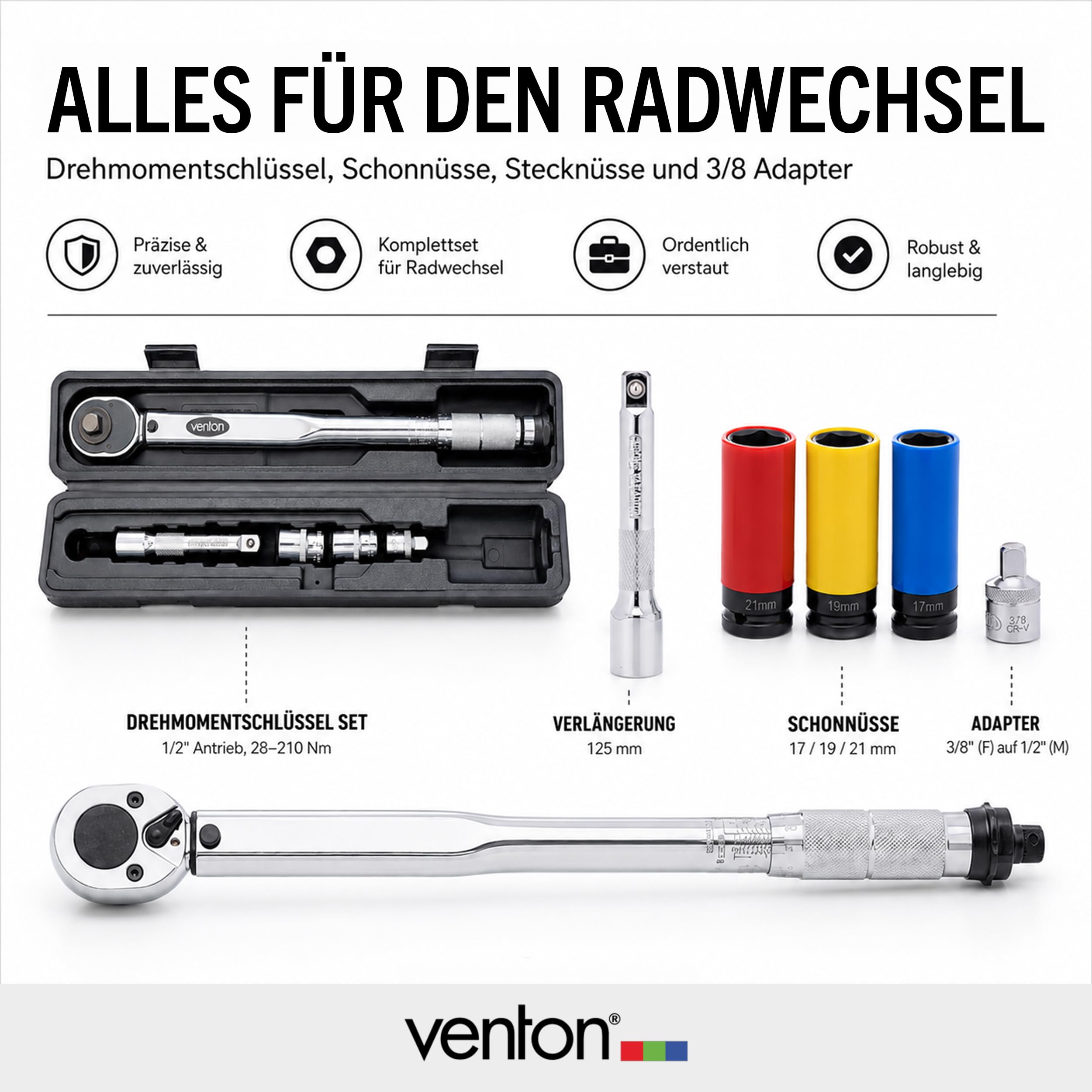 VENTON Juego de llaves dinamométricas profesionales de 1/2", 3/8", adaptador, 10-210 Nm, 3 x llaves blancas, herramienta precisa para cambio de ruedas con carraca reversible, llaves de vaso