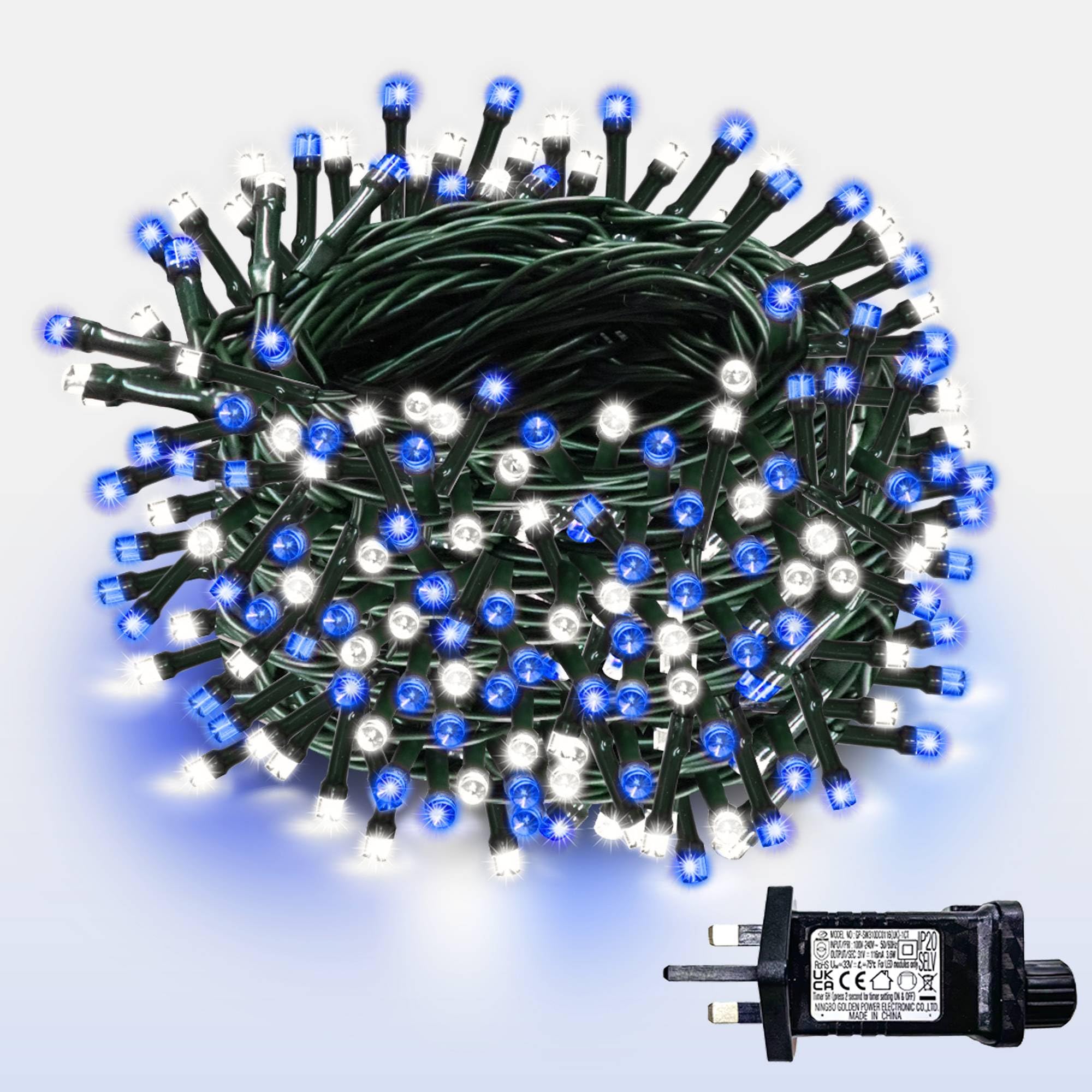 Wisd Blue + White Christmas Tree Lights - 400 Led 23M Dimmable Xmas Fairy Lights On Green Cable With 12 Modes, Timer And Memory - Plug In String Light For Indoor Outdoor Garden Bedroom Party Decor (Blue + White)