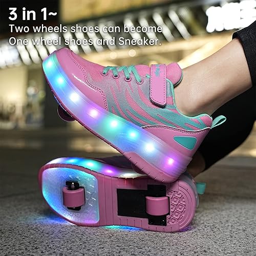 Miniatura 10 de BFOEL Zapatos de rodillo recargables para niños y niñas de 6 a 14 años con luz LED, tenis para jugar al aire libre, cumpleaños