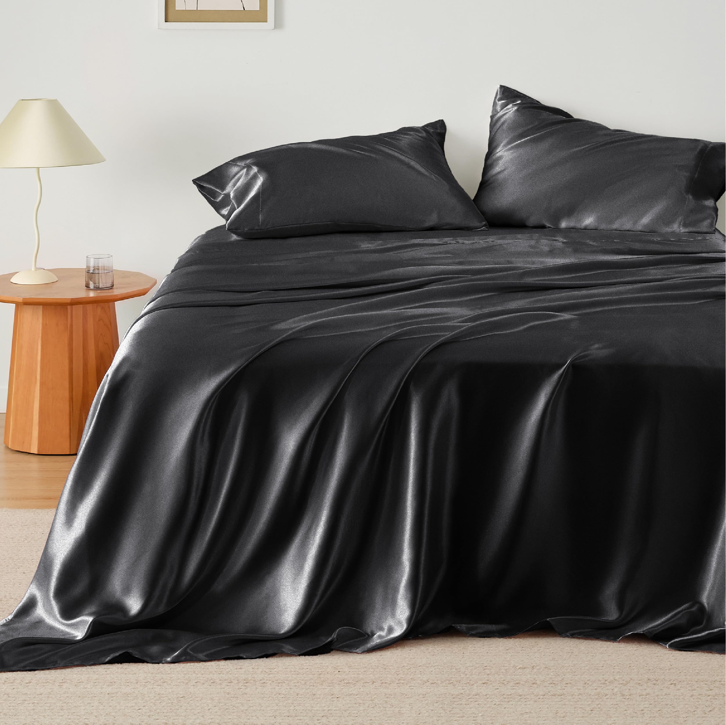 Bedsure Satin Sheets - Soft Satin Bed Sheets Queen Set, 4 Pcs Luxury Silky Sheets, Similar to Silk Sheets, Black Satin Sheets Queen Size for Hair and Skin, Gifts for Women