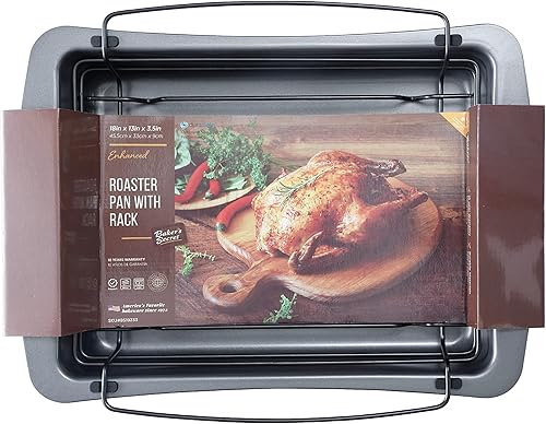 Baker's Secret Asador con estante de 18 x 13 pulgadas, asador de acero al carbono de calibre pesado con estante flotante, bandeja para asar pavo con