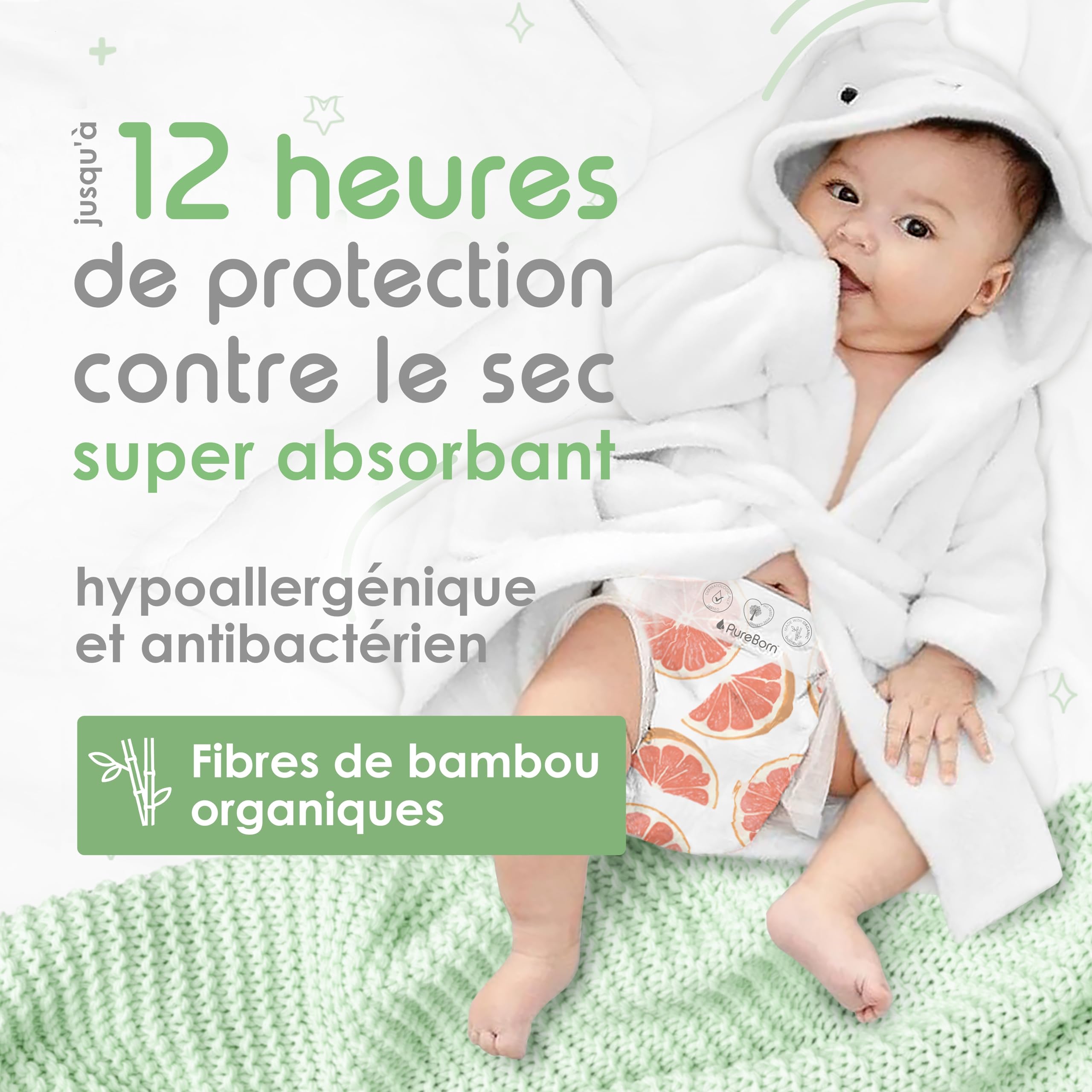 PureBorn 128 Couches Taille 2 (3-6 kg), Ultra-Absorbantes, Hypoallergéniques, Couches douces pour Bébé 2-4 mois, Testées Dermatologiquement, Anti-fuites, Écologiques en Bambou Naturel