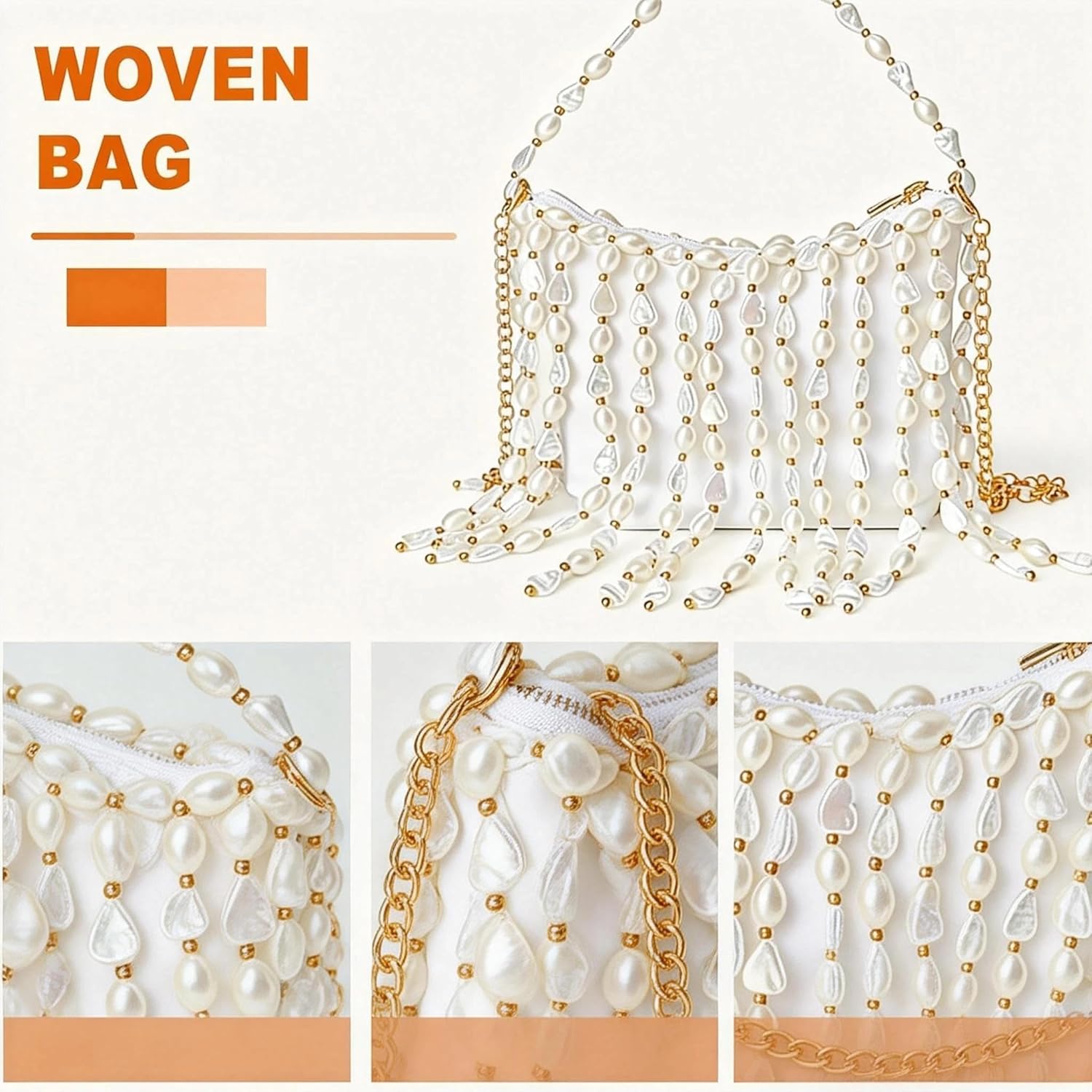 Pearl Purse, White Tasseled Pearl Satin Evening Bags, Shoulder Bag, Handbags for Party Wedding Travel - Image 7