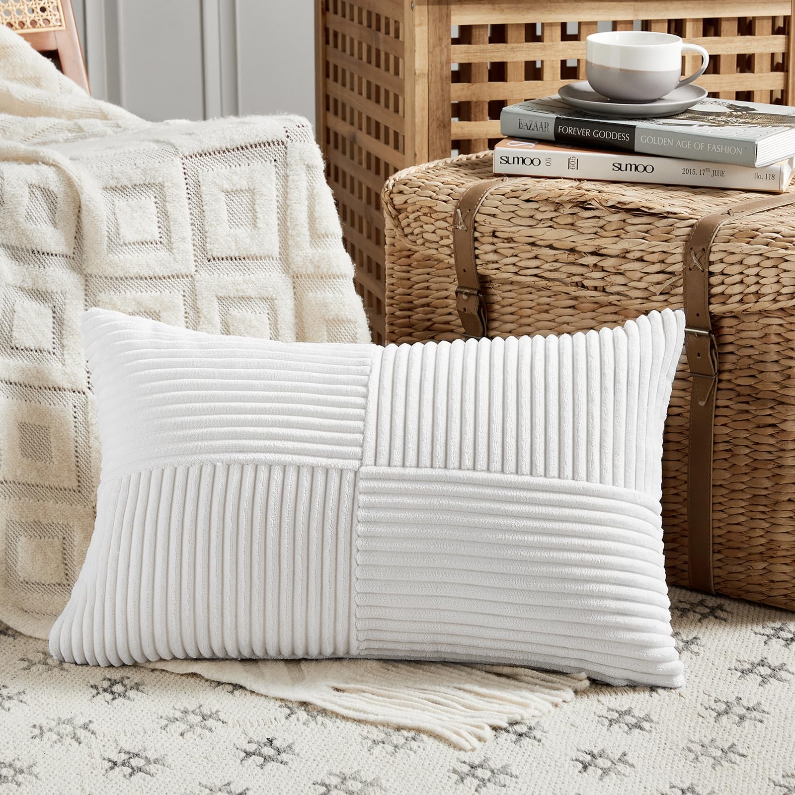 FDTERN Set of 1 White Long Lumbar Decorative Throw Pillow Covers 16x32 Inch for Couch Bed Sofa, Rustic Farmhouse Boho Home Decor, Soft Striped Corduroy Rectangle Accent Cushion Covers 40x80 cm — image 1
