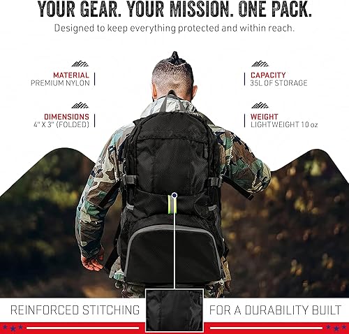 Miniatura 7 de MODERN NEEDS Ready Pack 35L - Mochila plegable para viajes, ligera, resistente al agua, mochila de senderismo compacta y plegable para hombres y