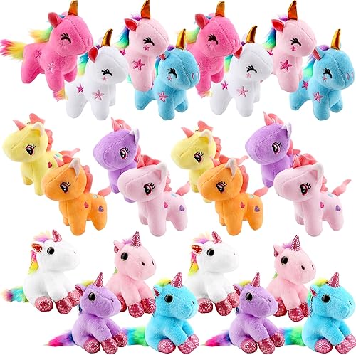 Paquete de 24 minijuguetes de unicornio de peluche a granel, lindo unicornio de peluche pequeño con arco iris para Navidad, Pascua, boda, fiesta de