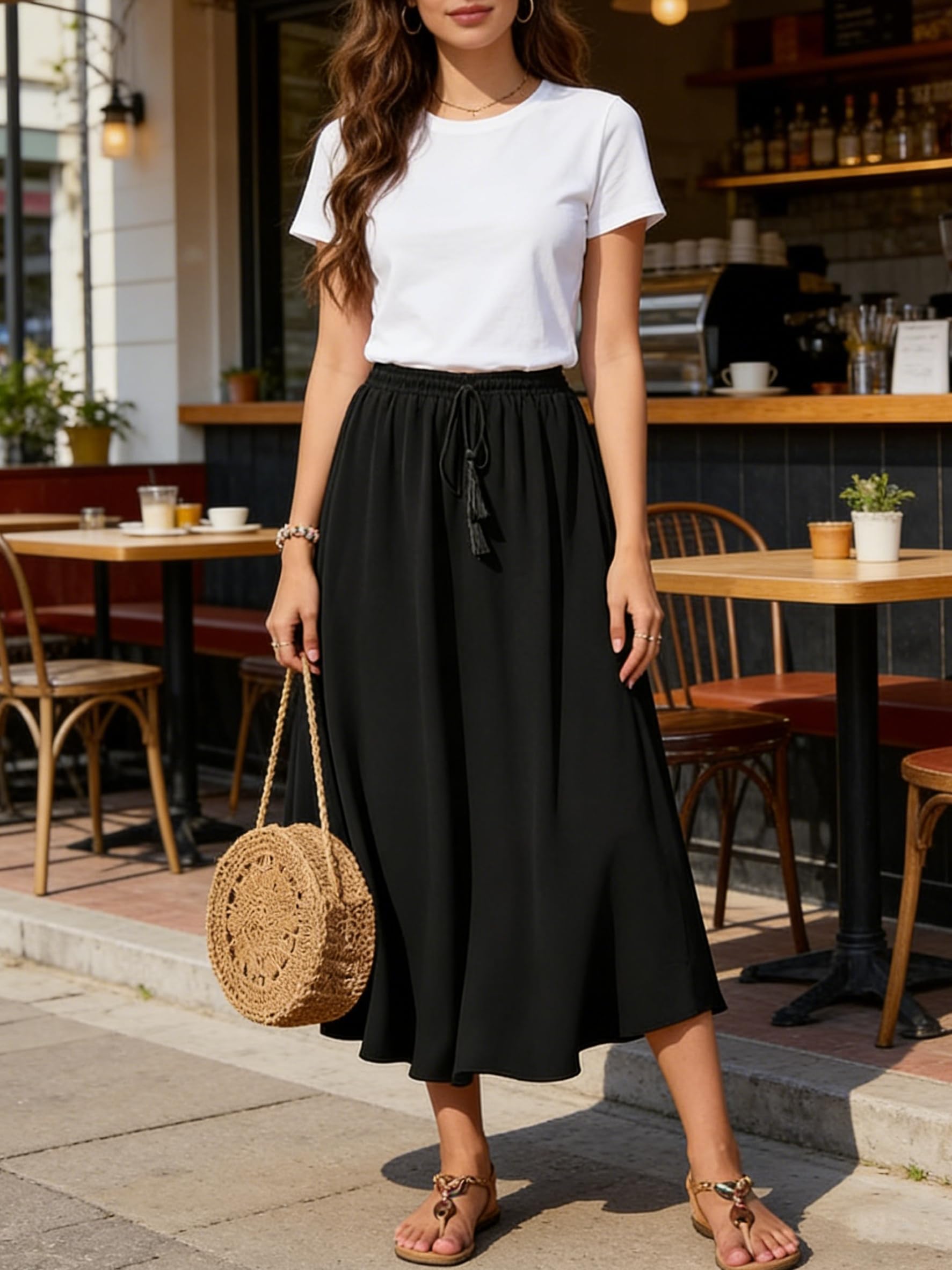 Jupe Femme Casual Jupe D'été Maxi Jupe A-Ligne Élégante Maxirock avec Cordon Longue Jupes Élastiques avec Poches