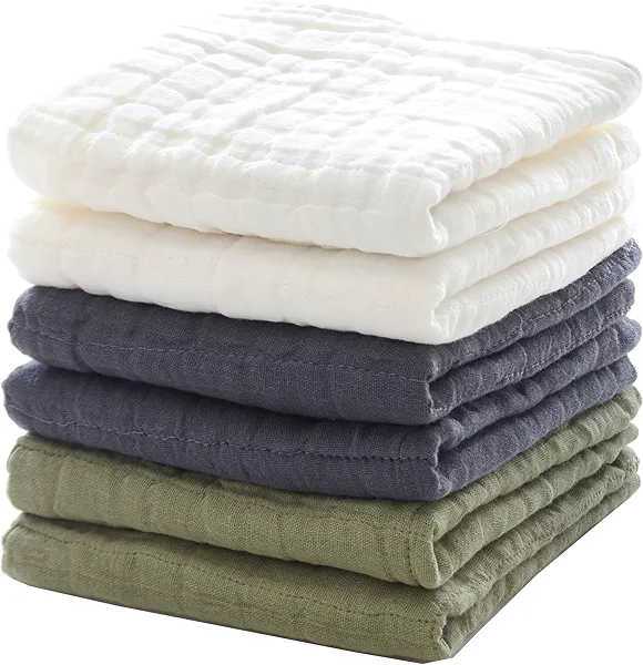 MUKIN Baby Washcloths, Muslin Cotton Face Cloths, Newborn Soft Absorbent Bath Wipes, Burp Cloths or Towels, Pack of 6, 12x12 inches (White,Dark Gray,Tea Green)