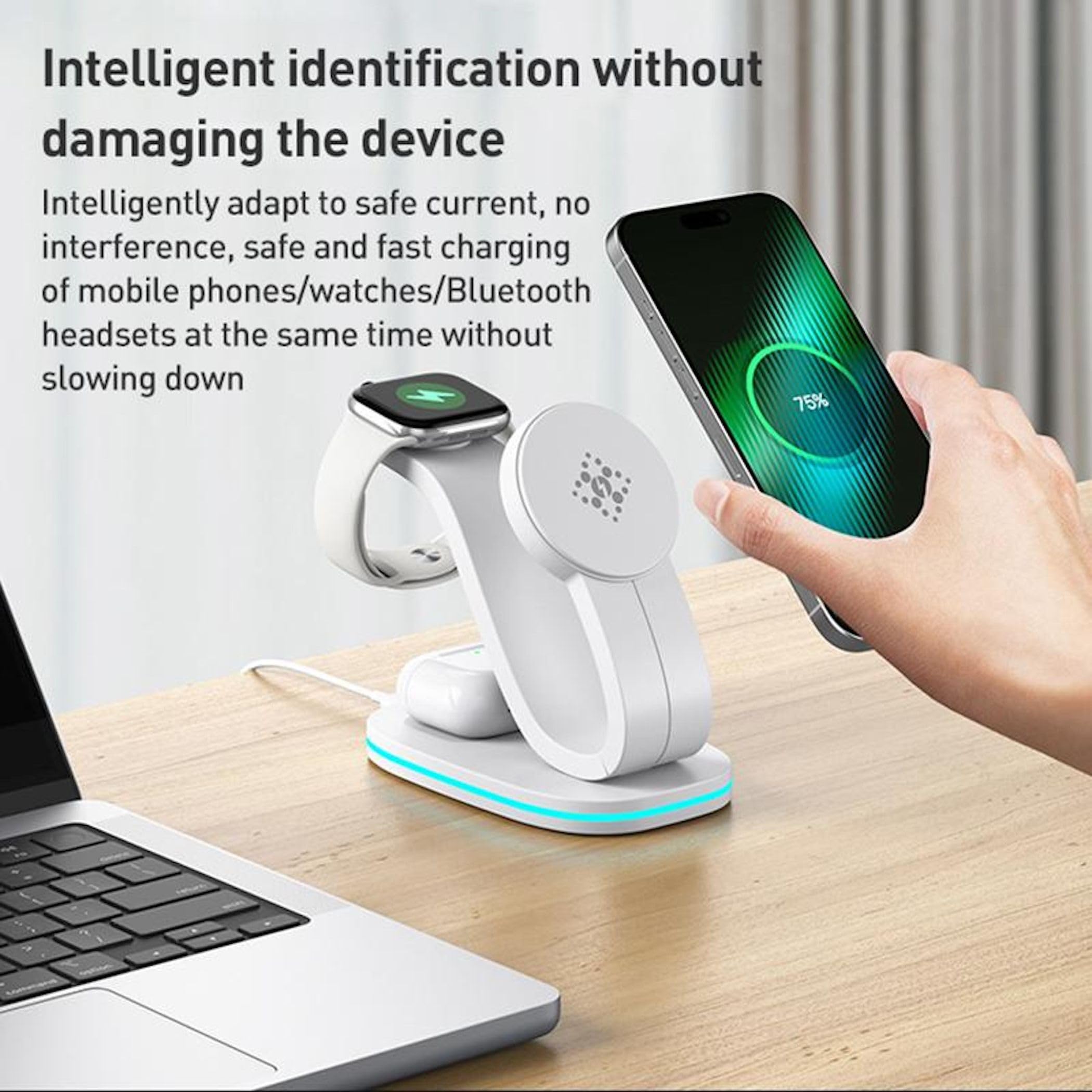 Wigento Station de charge universelle 3 en 1 sans fil pour smartphone, montre, casque, chargeur