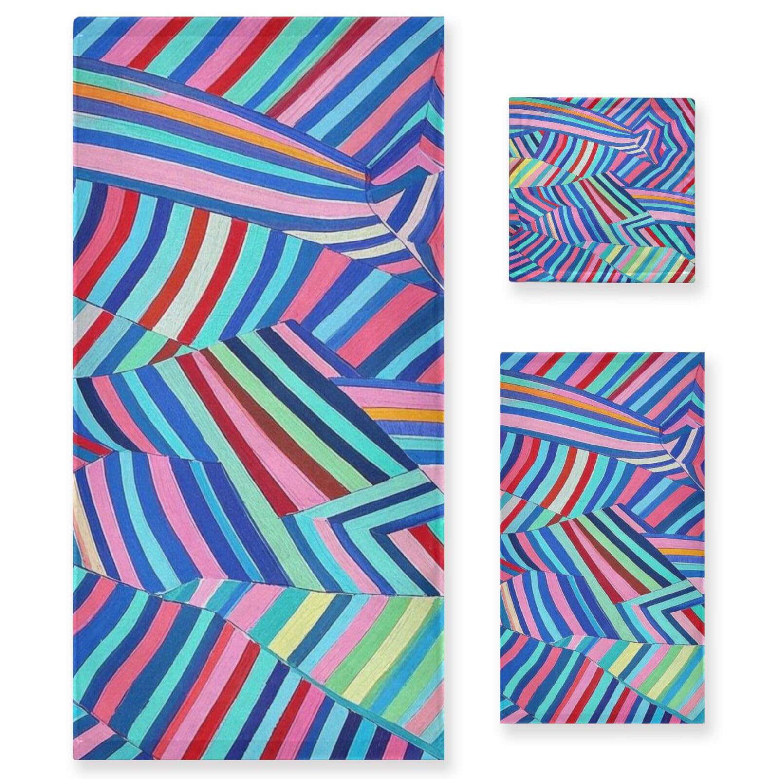 Art Stripe - Juego de 3 toallas faciales de limpieza coloridas, 1 toalla de baño, 1 toalla de mano, 1 paño para el cuerpo y la cara del baño